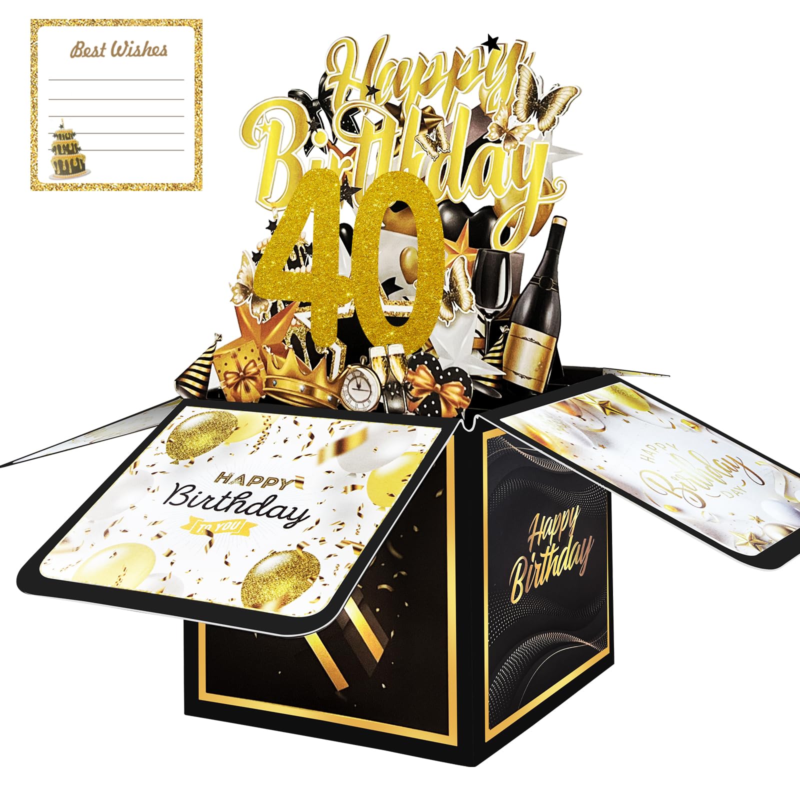 40th Birthday Card with Envelopes for Women Men, Birthday Decorations for Her Him, Bday Gift Box for 40 Year Old, Unique Handmade Foldable Celebration 3D Cards for Wife Husband