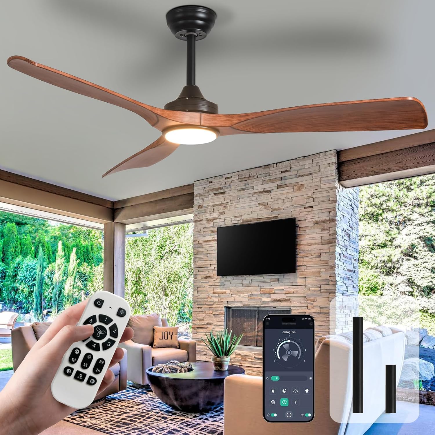 Depuley Ventilador de Techo con Luz Moderno 132 cm Exterior con Control Remoto APP para Patio Porche Ventilador Negro Interior 3 Aspas Reversible Temporizador Silencioso