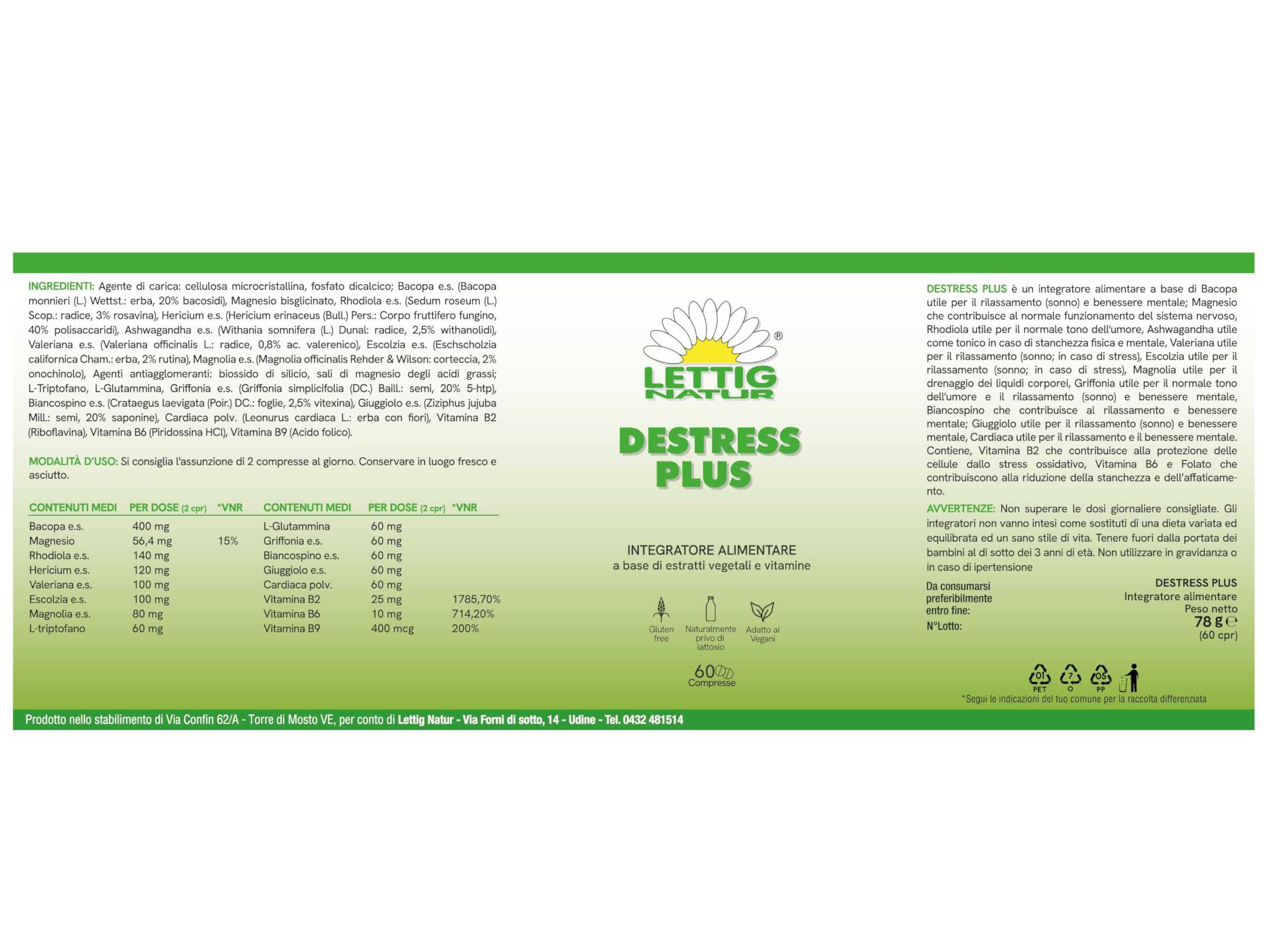 DESTRESS PLUS – Integratore Naturale con Bacopa, Ashwagandha, Rhodiola, Valeriana, Griffonia e Vitamine B – 60 Compresse – Stress, Ansia, Umore