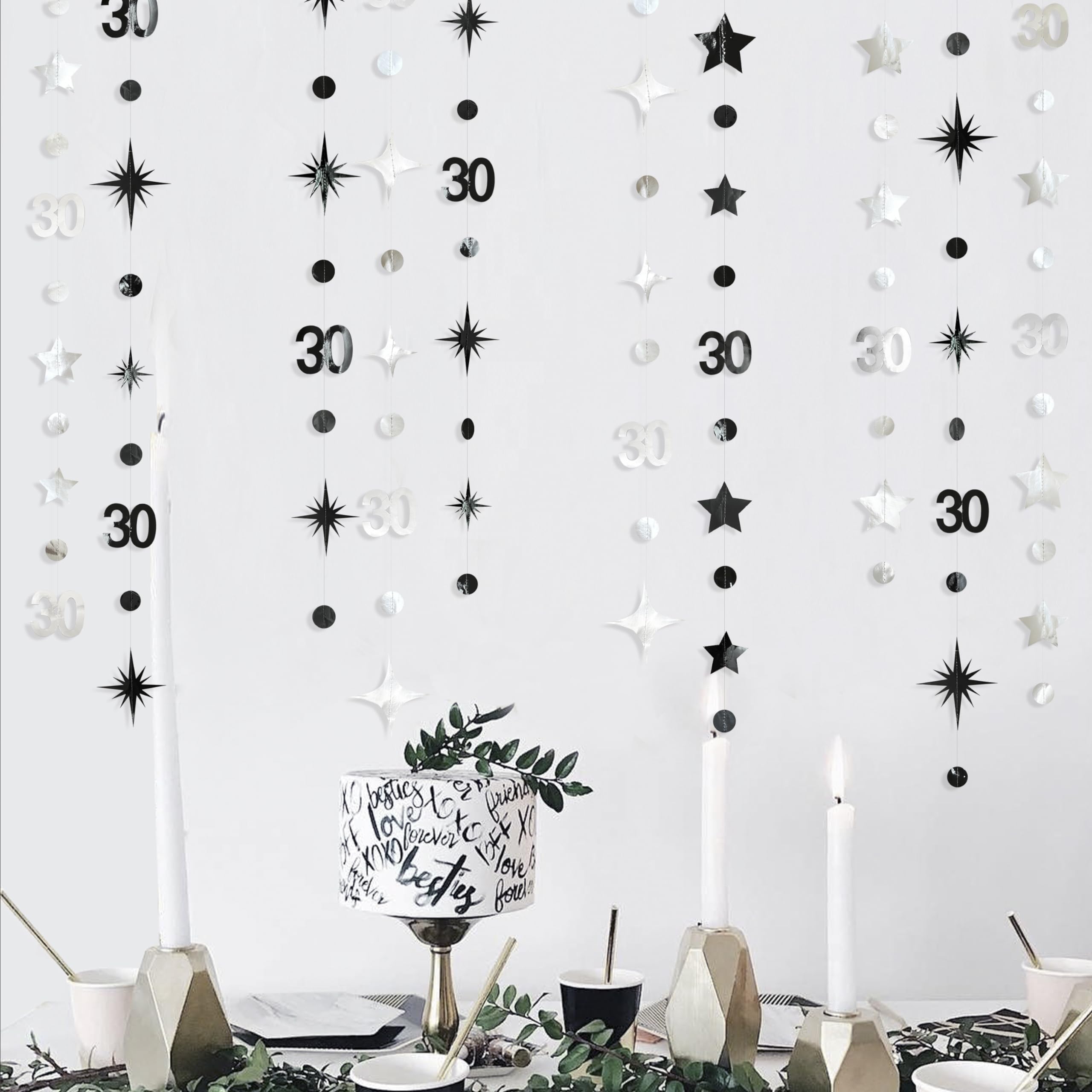 Silber-schwarze Dekoration zum 30. Geburtstag, Zahl 30, Kreis, Punkte, funkelnde Sterne, Girlande, metallische Luftschlangen, Wimpelkette, Banner Hintergrund für Herren und Damen, Happy Dirty 30 Jahre