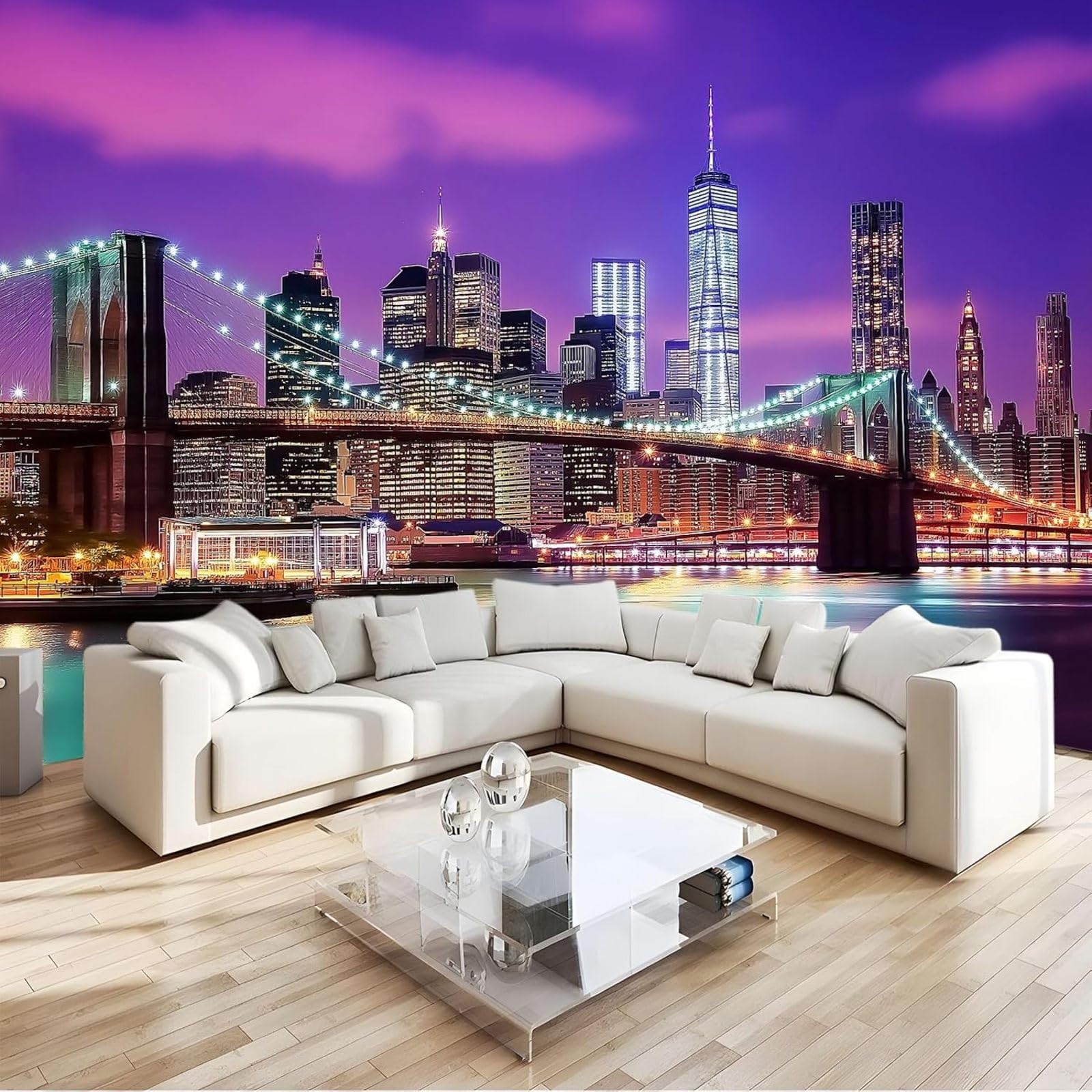 hgjdjhnf Photo Wallpaper, New York Cityscape, Brooklyn Bridge, Living Room, Bedroom, Art Wallpaper, UV-Resistant wall Decoration, Purple, 430cm x 300cm
