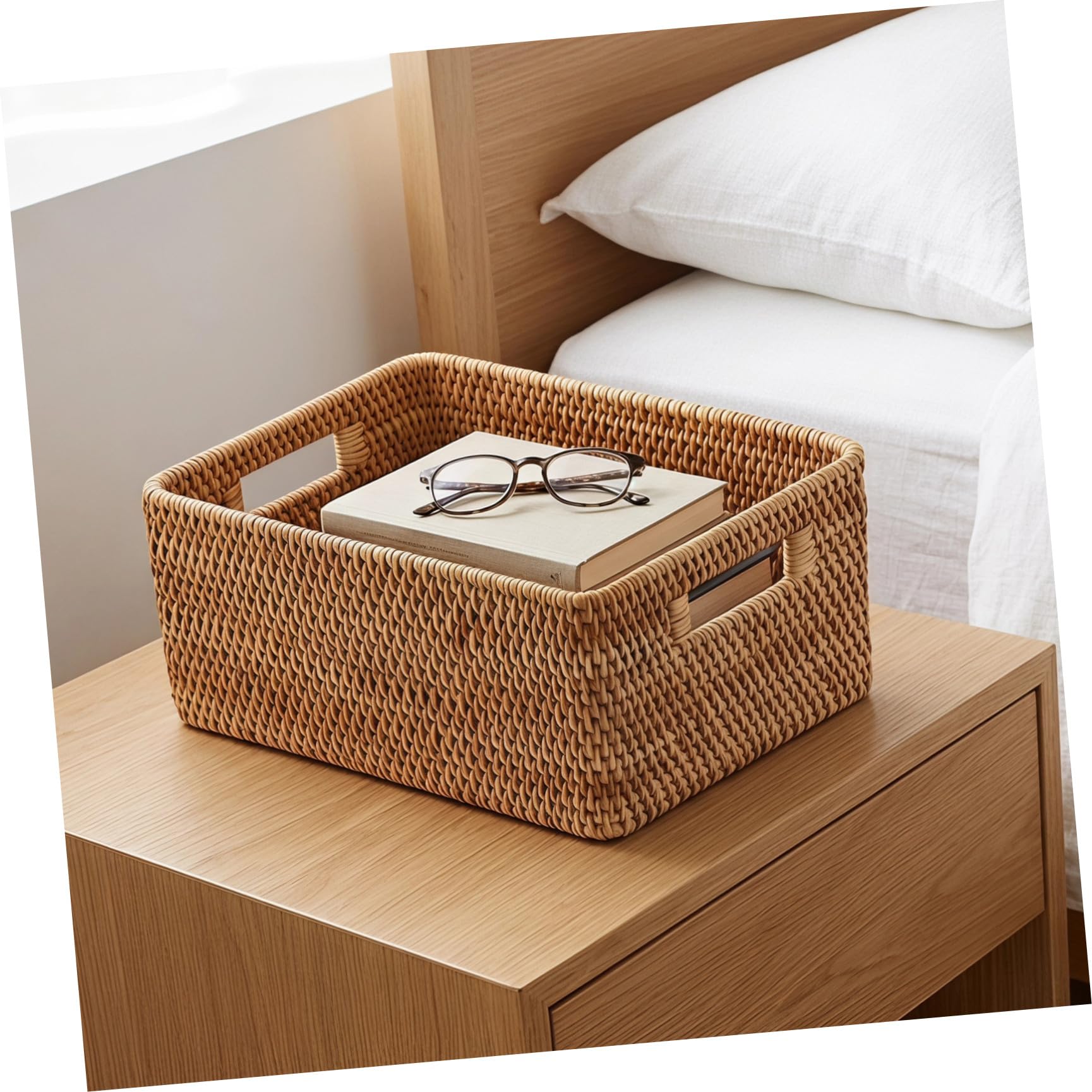 Caja de Almacenamiento de Ratán Diseño Nórdico con Textura Natural con Asas Integradas , Transpirable y Fácil de Llevar Adecuado para Estantes y Debajo Cama
