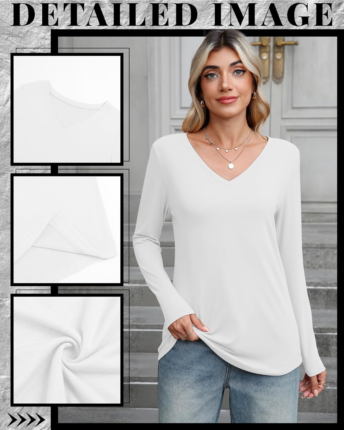 Ficerd 3 Pack Women's Long Sleeve Shirts, V Neck Cotton Blend Tops Loose Fit Casual T-Shirts Curved Hem Basic Layering Tees - Image 4
