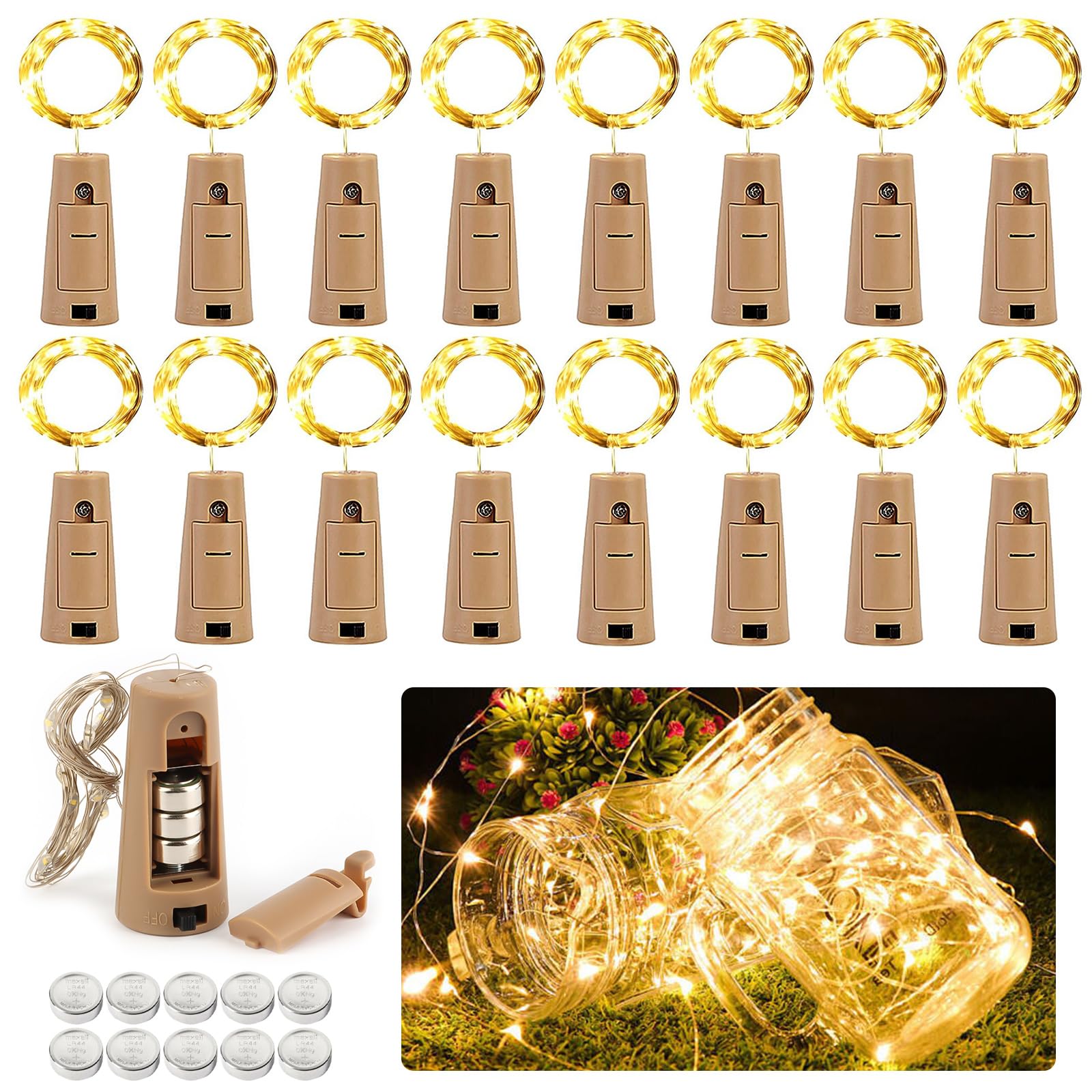 VFANDV Cadena de Luces con Pilas, 16 Piezas Luces LED Pilas, 20 LEDs 2M Alambre de Cobre Guirnaldas Luces, Impermeable Luces Decorativas, Luces Decorativas para Navidad, Fiestas - Blanco Cálido