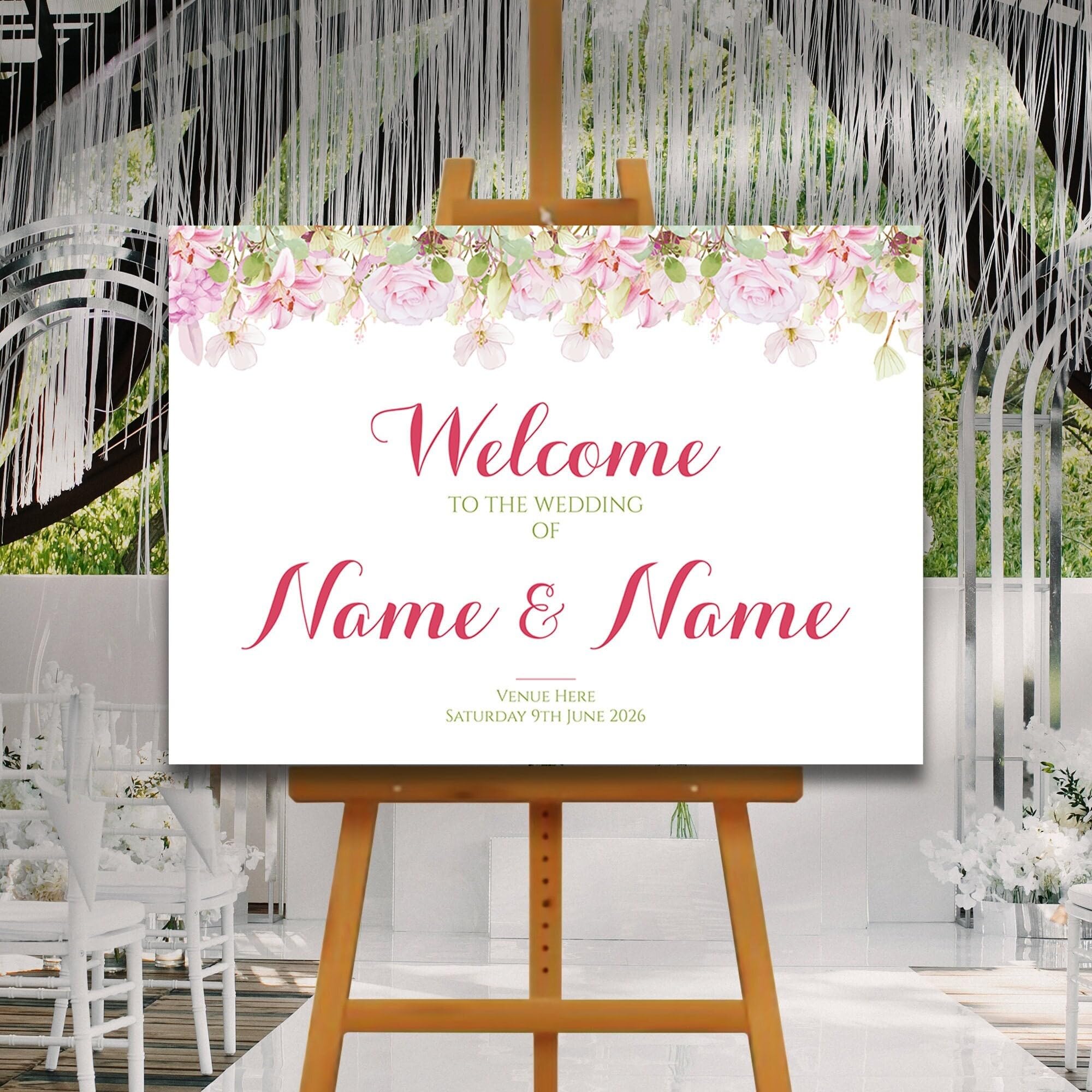 Pink Lilacs Welcome Sign, Printed Sign A1 A2 A3 A4, Welcome Sign Order of The Day, Pink Peach Cream Roses, Personalised Wedding Welcome Sign