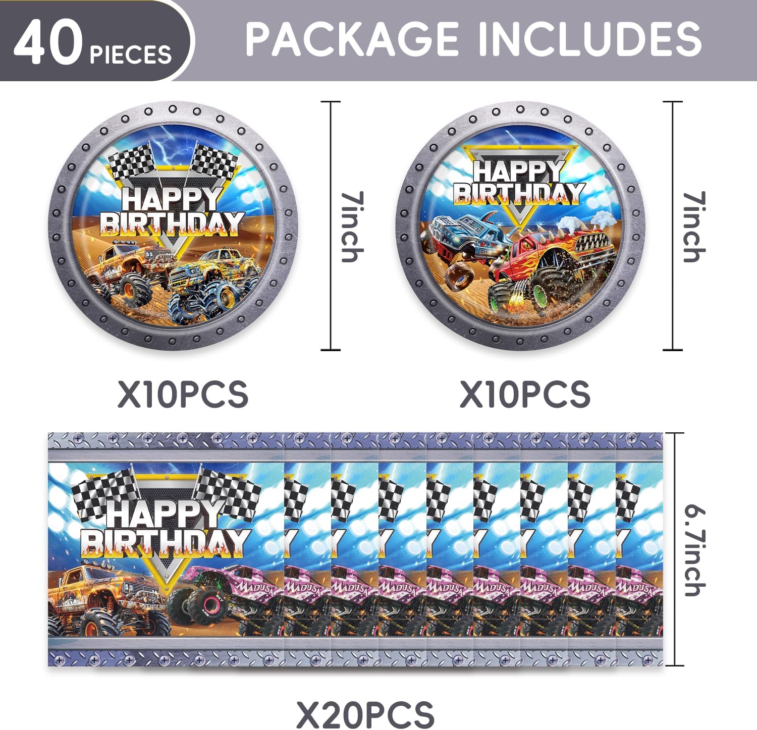 40Pcs Monster Truck Birthday Party Supplies Truck Party Paper Plates and Napkins for Boys Race Monster Truck Birthday Decorations