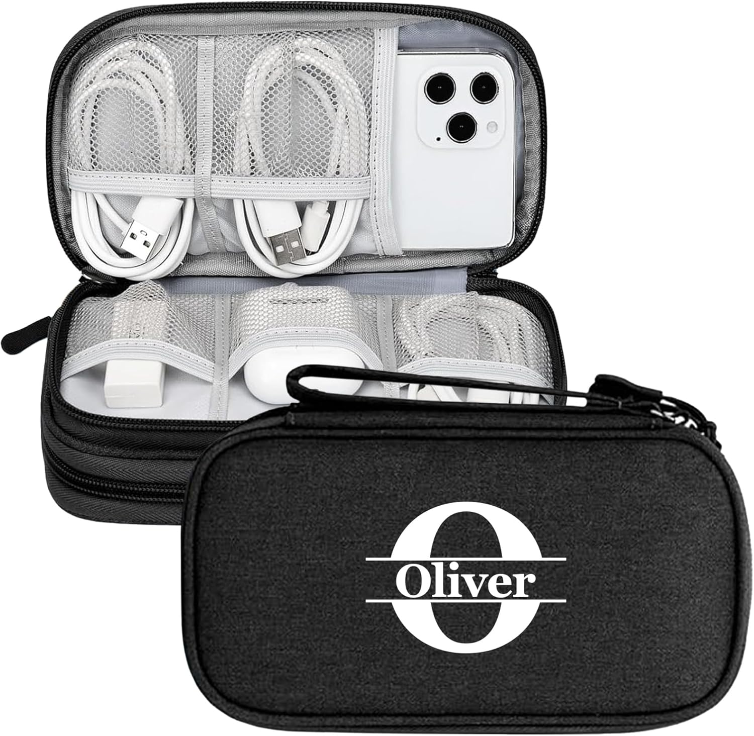 Personalized Electronics Organizer Travel Case – Custom Name Compact Cable Storage Bag for Chargers, Cords, USB Flash Drives – Waterproof Tech Pouch for Travel, Business and Daily Organization-Black