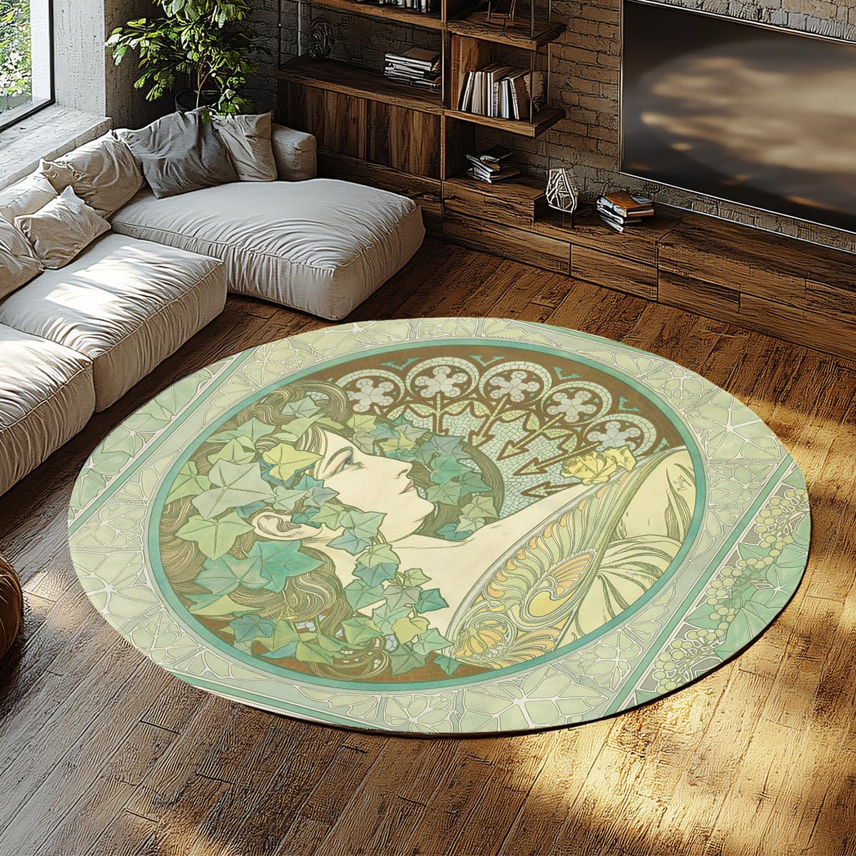Runder waschbarer Teppich grüne Kreisteppiche Wohnzimmer 90cm | Rutschfester fleckenbeständiger dünner Vintage-Blumenteppich für Schlafzimmer, Esszimmer, Büro, Kinderzimmer, Eingangsbereich