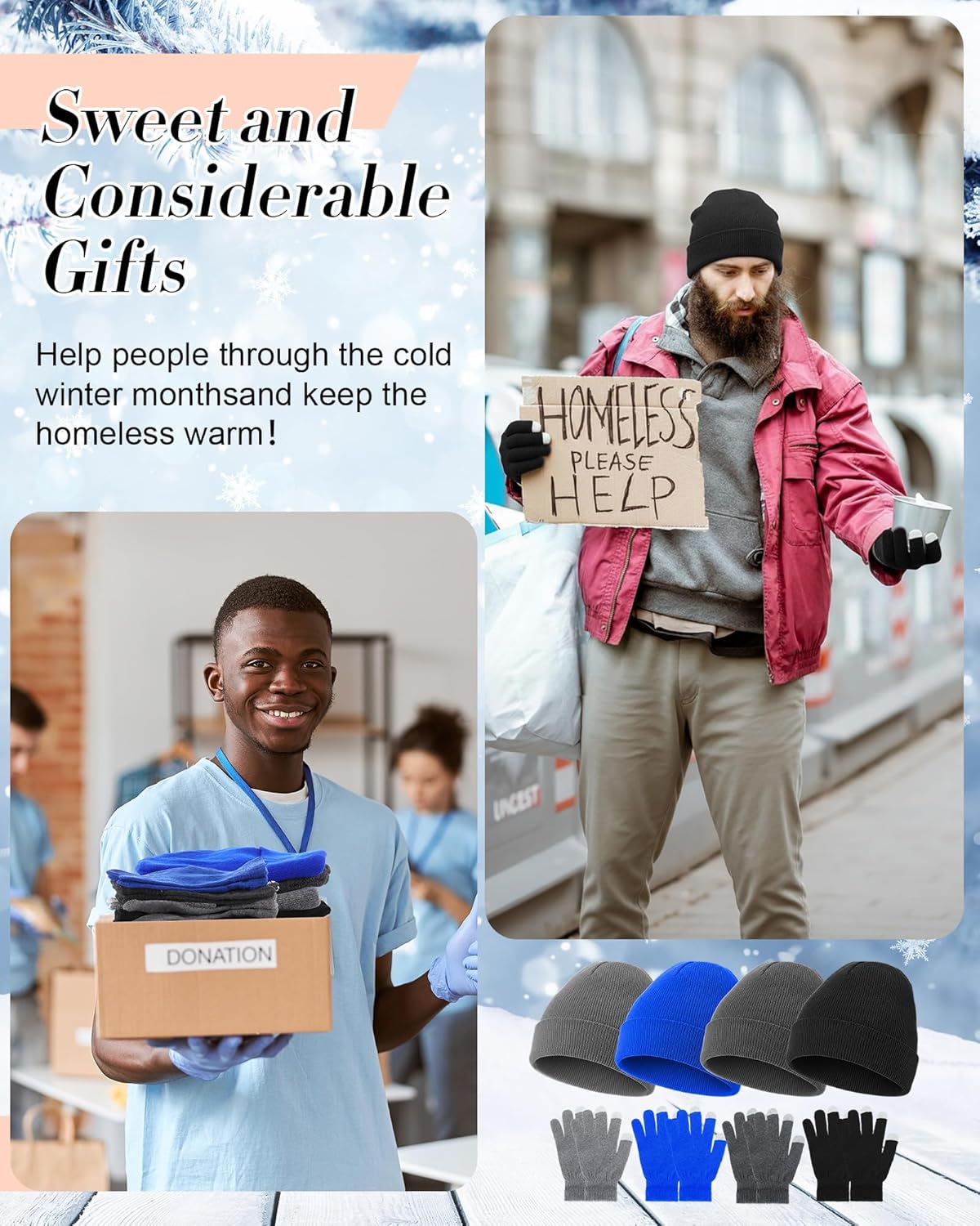 Suhine Bulk Winter Hats and Gloves Set Warm Beanie Gloves Pack Homeless Supplies for Cold Weather Charity