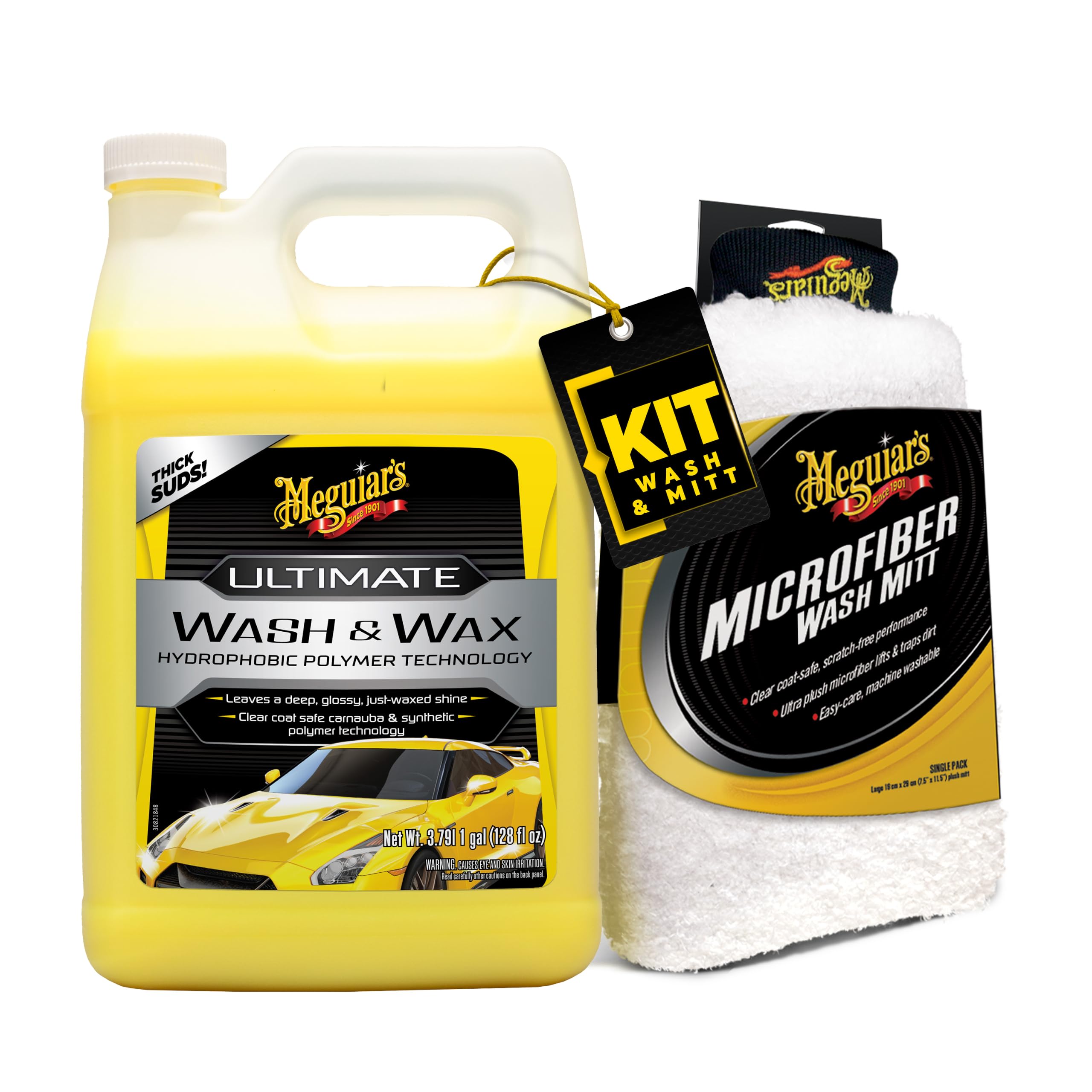 Meguiar's Car Wash Bundle - 1 Gallon Ultimate Wash &amp; Wax, Car Wash Soap with Additional Wax Protection and Microfiber Mitt, Premium Car Wash Mitt - The Perfect Car Wash Kit