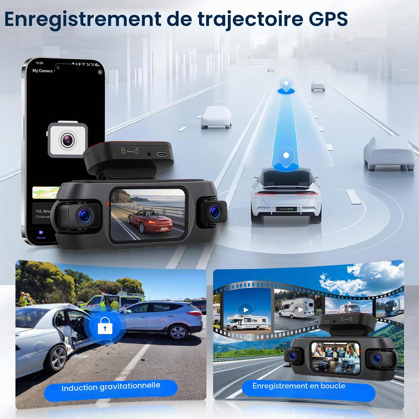 Hodozzy 4K Dashcam Voiture 360° avec WiFi, 4 Caméras Avant Arrière Intérieur Gauche, Nachtsicht Ohne Licht, Écran Tactile IPS 3", Enregistrement en Boucle, Capteur G, localisation GPS，Contrôle des App