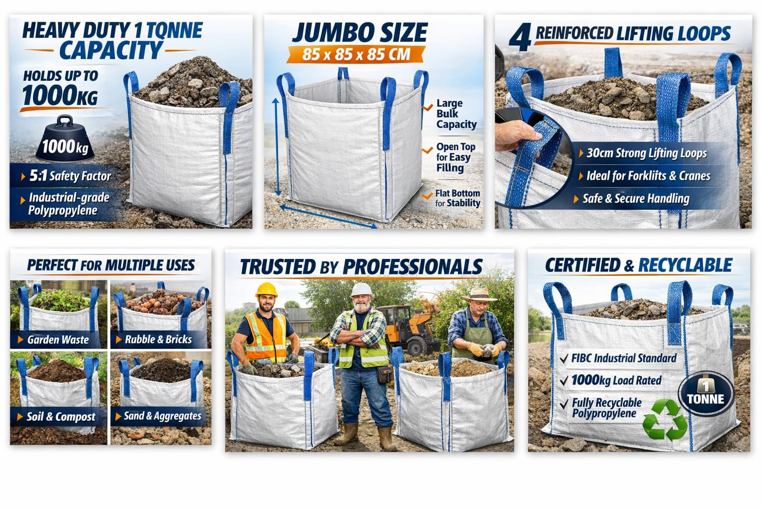5 x 1 tonne bags Builders 1 Tonne Builders Bags – Heavy Duty Bulk FIBC Bags for Garden Waste, Sand, Aggregate, Construction & Storage – White Jumbo Dumpy Bags 85x85x85cm with Lifting Loops - 5