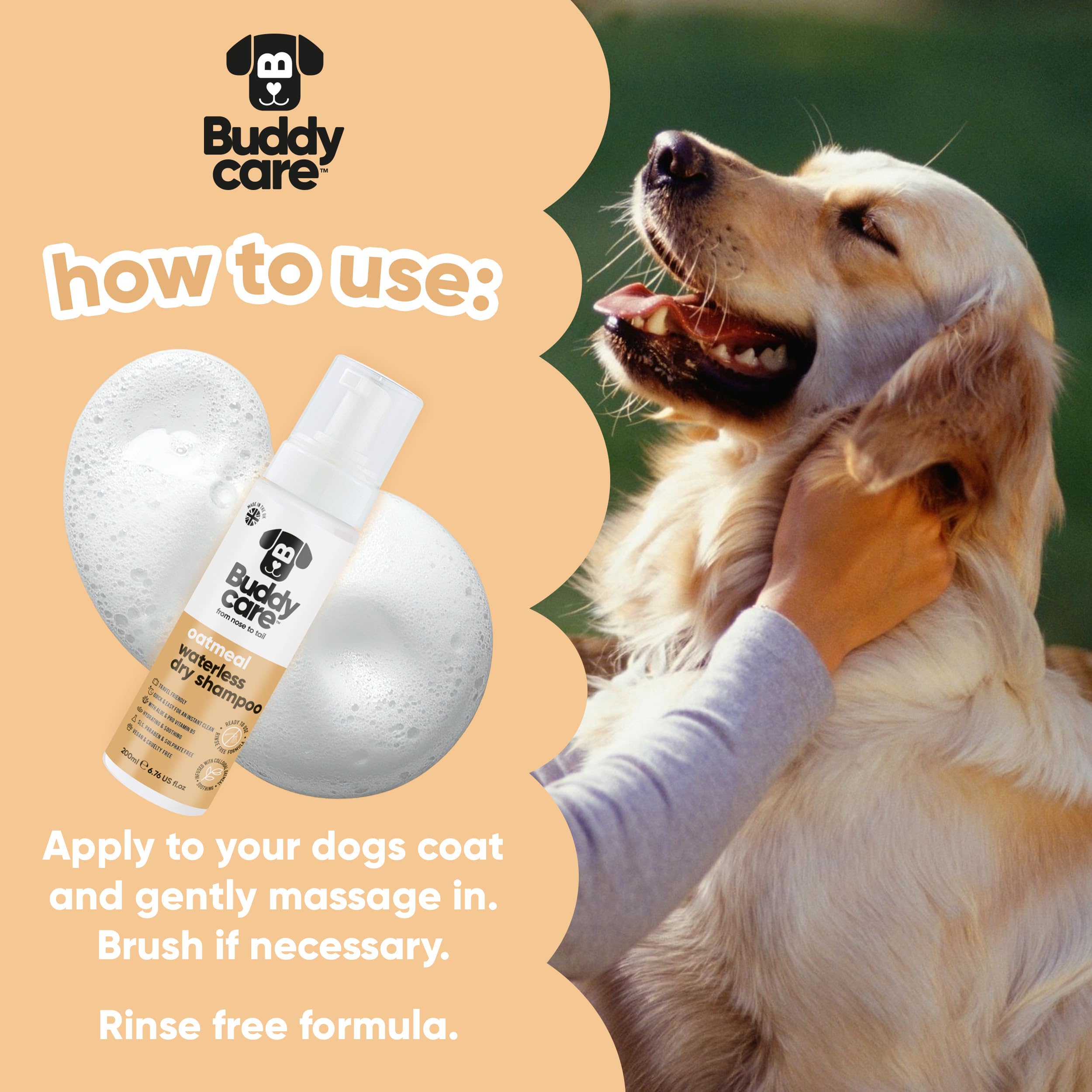 Buddycare Bezwodny, suchy szampon dla psów (200 ml) | Oatmeal szampon dla psów bez spłukiwania do skóry wrażliwej | naturalny, łatwy w użyciu suchy szampon dla świeżego, czystego sierści