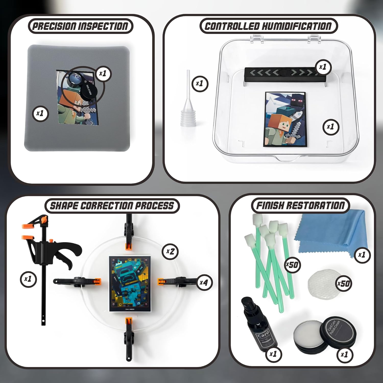 NOVATRA Professional Card Repair Kit – Complete Trading & Sports Card Cleaning Kit with Magnifier, Humidification System, Card Press & Polishing Protection – TCG & MTG Card Restoration Kit