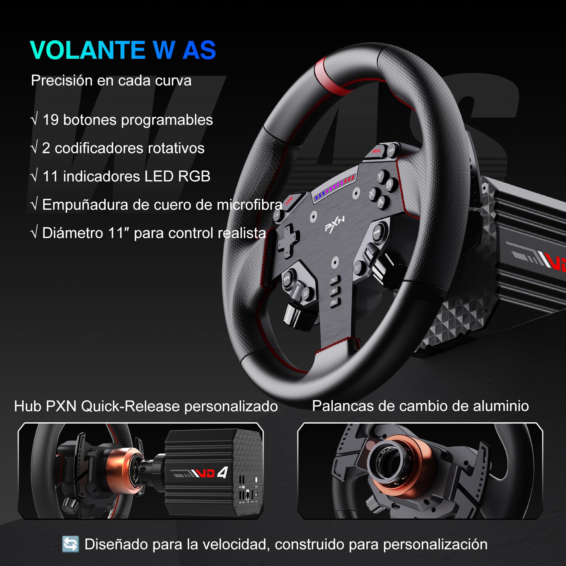 PXN VD4 Kit Volante de Carreras Direct Drive – Base con Motor Servo de 4 Nm y Quick Release, Volante de Juego W AS, Pedales PD HM de Freno y Acelerador, Abrazadera de Mesa – Compatible con PC Windows