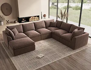 Ohllob Oversized Cloud Sectional Couch with Ottoman, 7 Seater, Coffee Brown