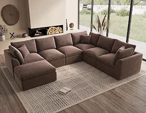 ohllob Oversized Cloud Sectional Sofa with Ottoman, 7 Seater, Coffee Brown