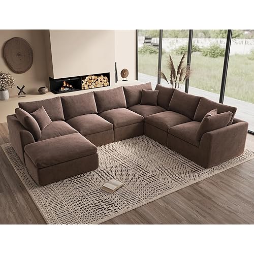 Oversized Cloud Couches for Living Room, Boneless Sectional Couch with Ottoman, 7 Seater Large Modular Sectional Sofa, Coffee Brown