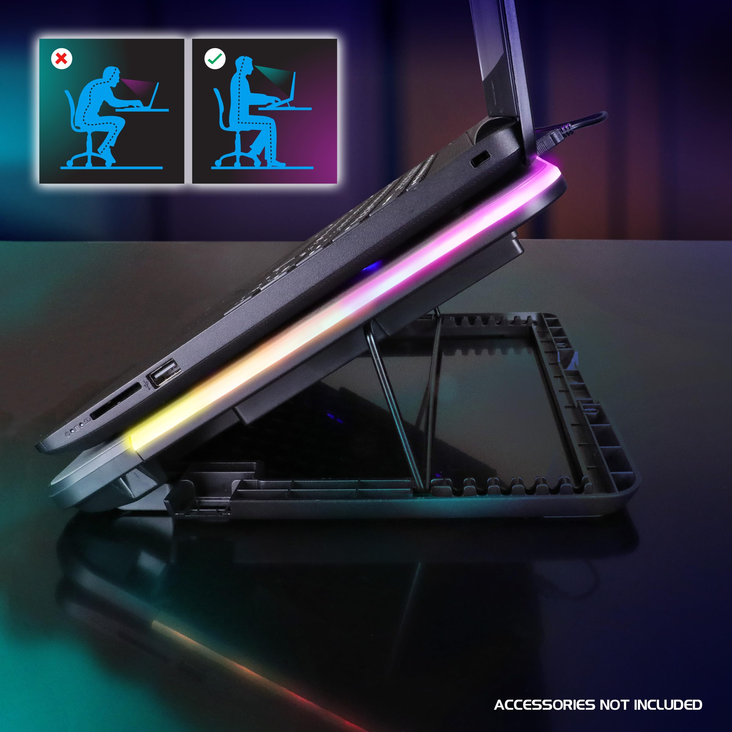 ENHANCE Gaming Voltaic 2 Laptop-Kühlständer – Laptop-Kühlpad mit 6 blauen LED-Lüftern, 7 Höheneinstellungen, RGB-Beleuchtung – Metall-Kühler-Pad mit Telefonständer, 2 USB-Anschlüsse für bis zu 43,2 cm