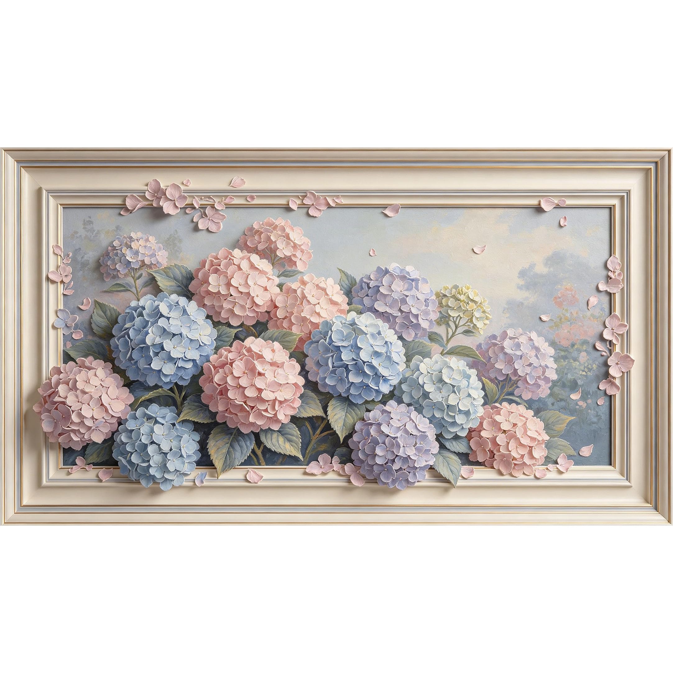 QZLITHOTIC 50x90cm3D Framed Wall Art， Pastel Hydrangea Botanical Floral Self‑Adhesive Mural， Water‑Activated Peel & Stick Fabric Decor Wall Decal for Bedroom Living Room
