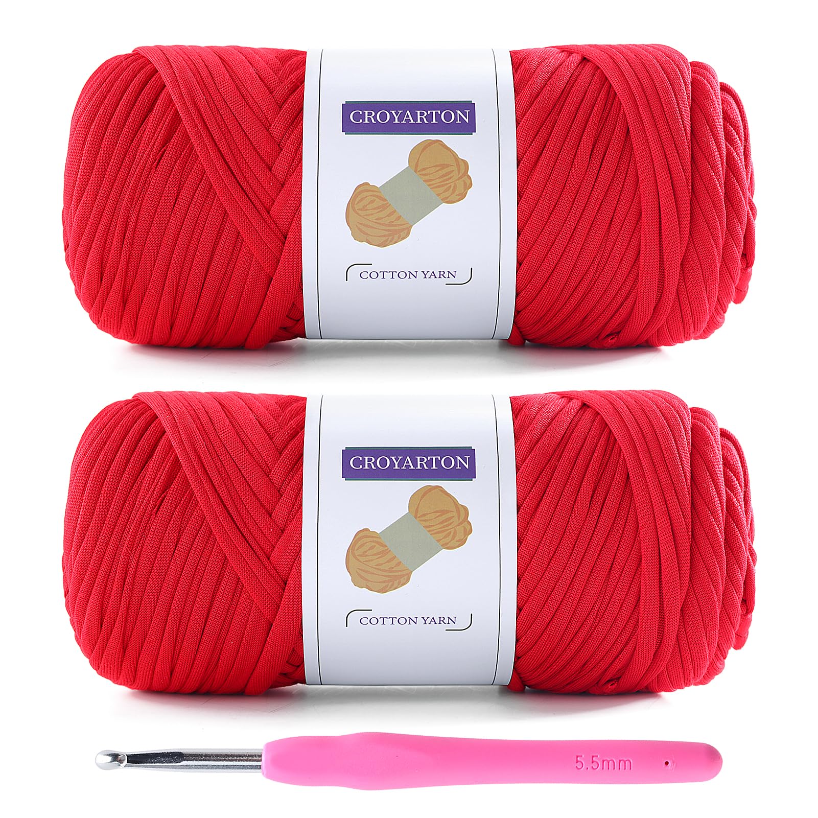 2 Pack T Shirt Yarn for Crocheting with 1 Crochet Hook, Elastic Tshirt Yarn for Crochet Bag/Baskets/Home Decor, Spaghetti Yarn Thick Knitting Yarn Total Length 130 Yds, Weight 14 Oz (Red)