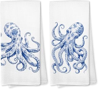 Chinoiserie Coastal Octopus Kitchen Hand Towels Set of 2, 16x24 Inch | Nautical Beach Coastal Ocean Chinoiserie Floral Marine Life Hand Tea Towels for Kitchen Bathroom Decor, Octopus Gifts