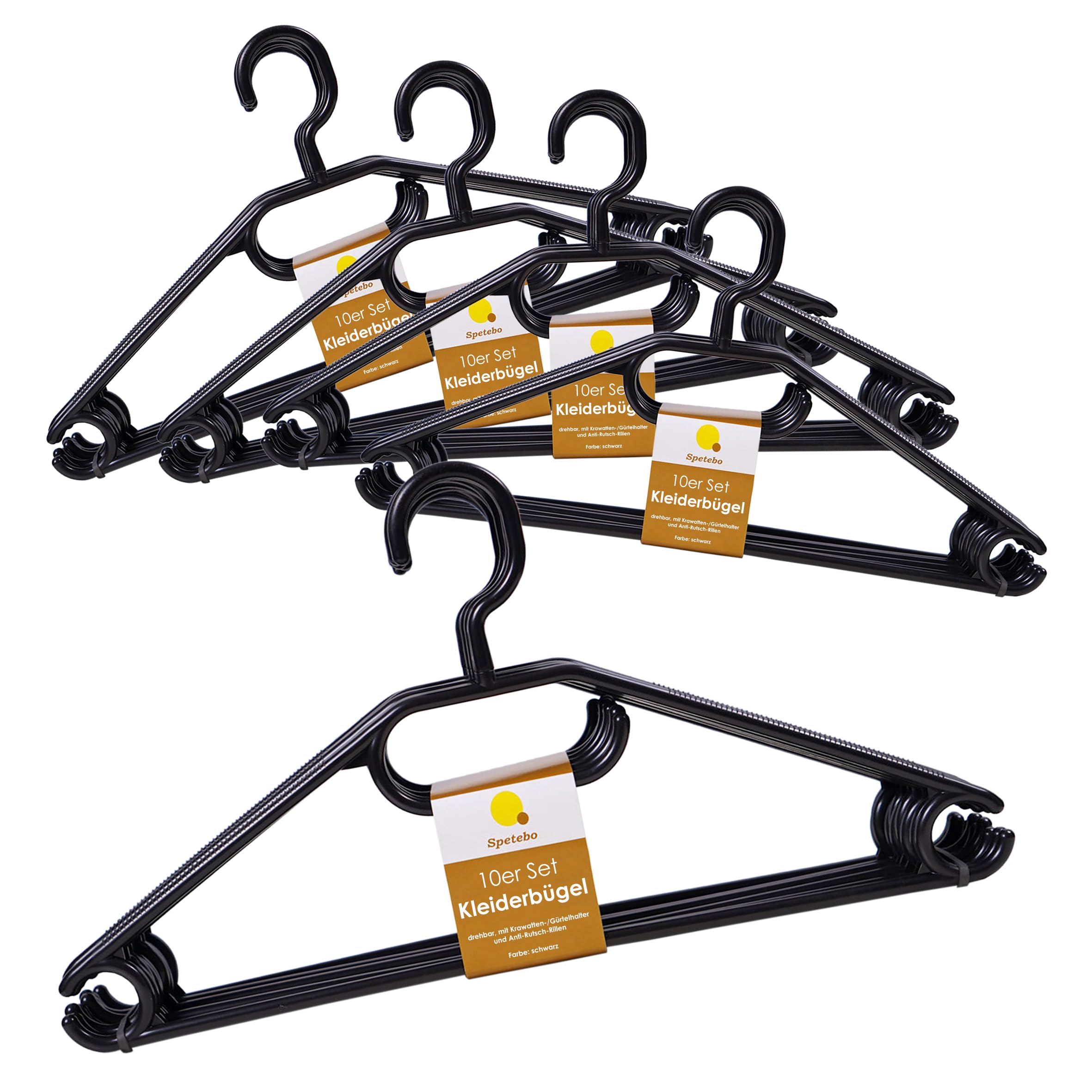 Kleiderbügel 50er Pack, schwarz, 100% recycelter Kunststoff | Extra schwere Qualität 45g pro Bügel, Made in EU, Anti-Rutsch-Rillen, Krawatten- und Gürtelhalter