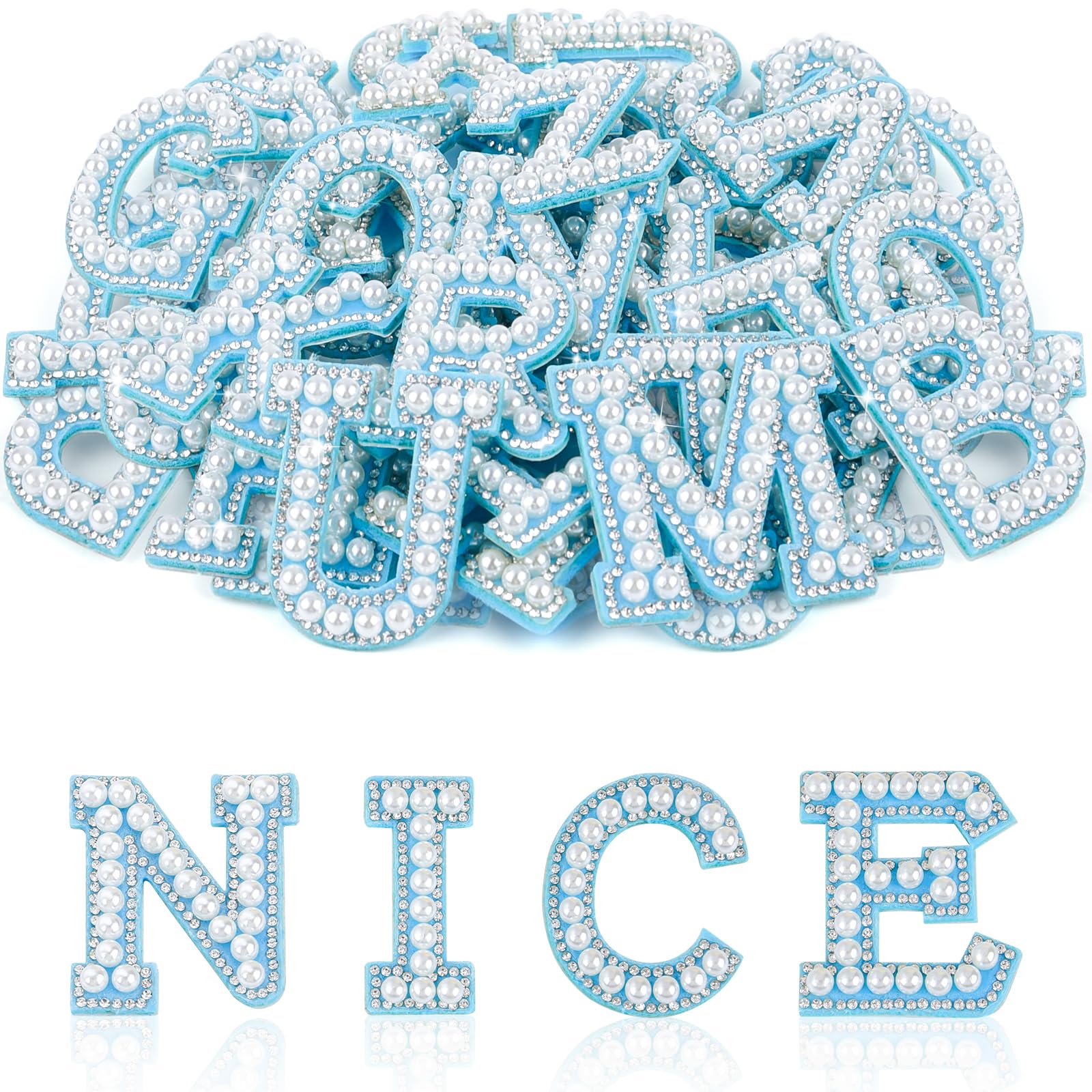 ASTARON 52 Pcs Self Adhesive Letter Patches Pearl Rhinestone Letter Stickers, Glitter Rhinestone Letters A-Z Embroidered Applique Patches Alphabet Cloth Patch for Clothes, Bags, Hat, Phone Case, DIY