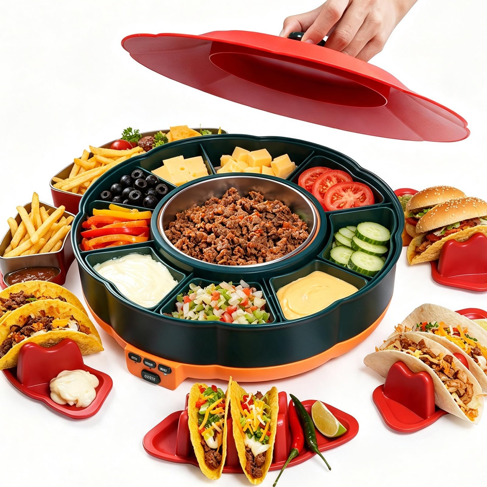 Juego de Fondue de Chocolate eléctrica, Olla calentada de 33 oz | 4 soportes para tacos, bandeja desmontable Lazy Susan para preparación de alimentos compartidos en fiestas en interiores