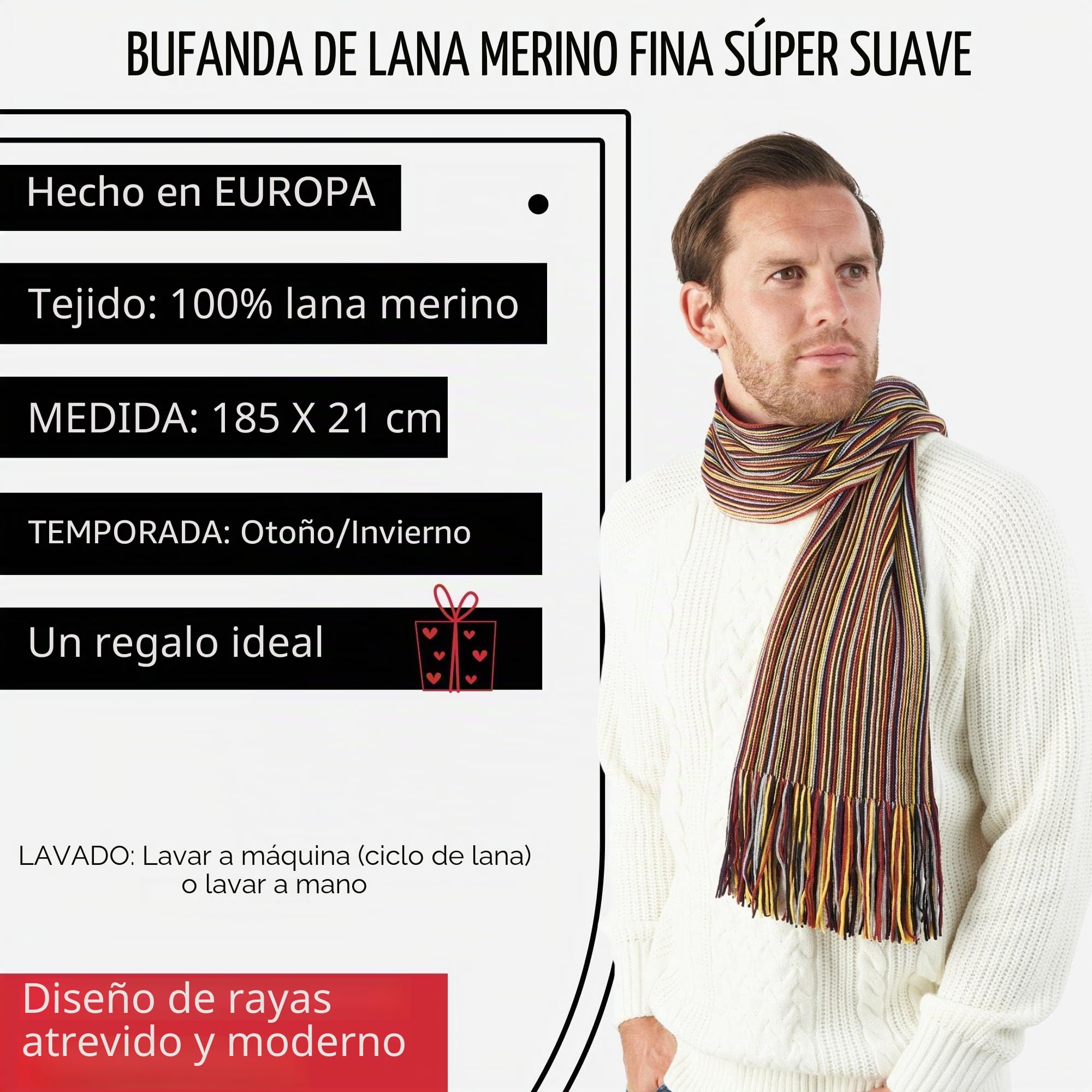 Bufanda de Hombre en Lana Merino Extra Fina - de Rayas para Invierno