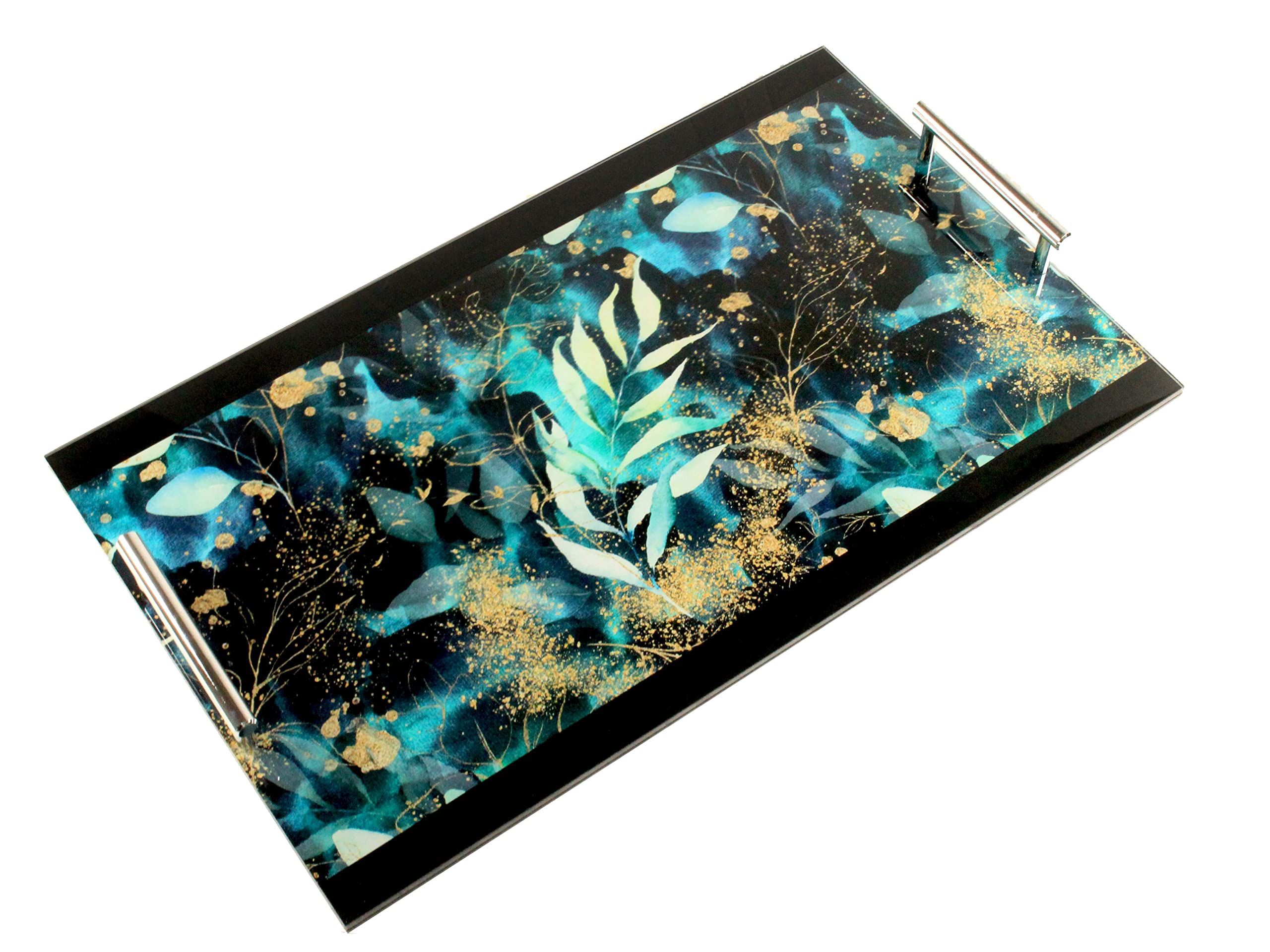 Style Aide Acrylic Serving or Vanity Tray with Silver handles & fancy background. Washable. Decorative for kitchen, canopy food, coffee, dressing table, bathroom, storage - 40 x 24 cm (Magical Night).