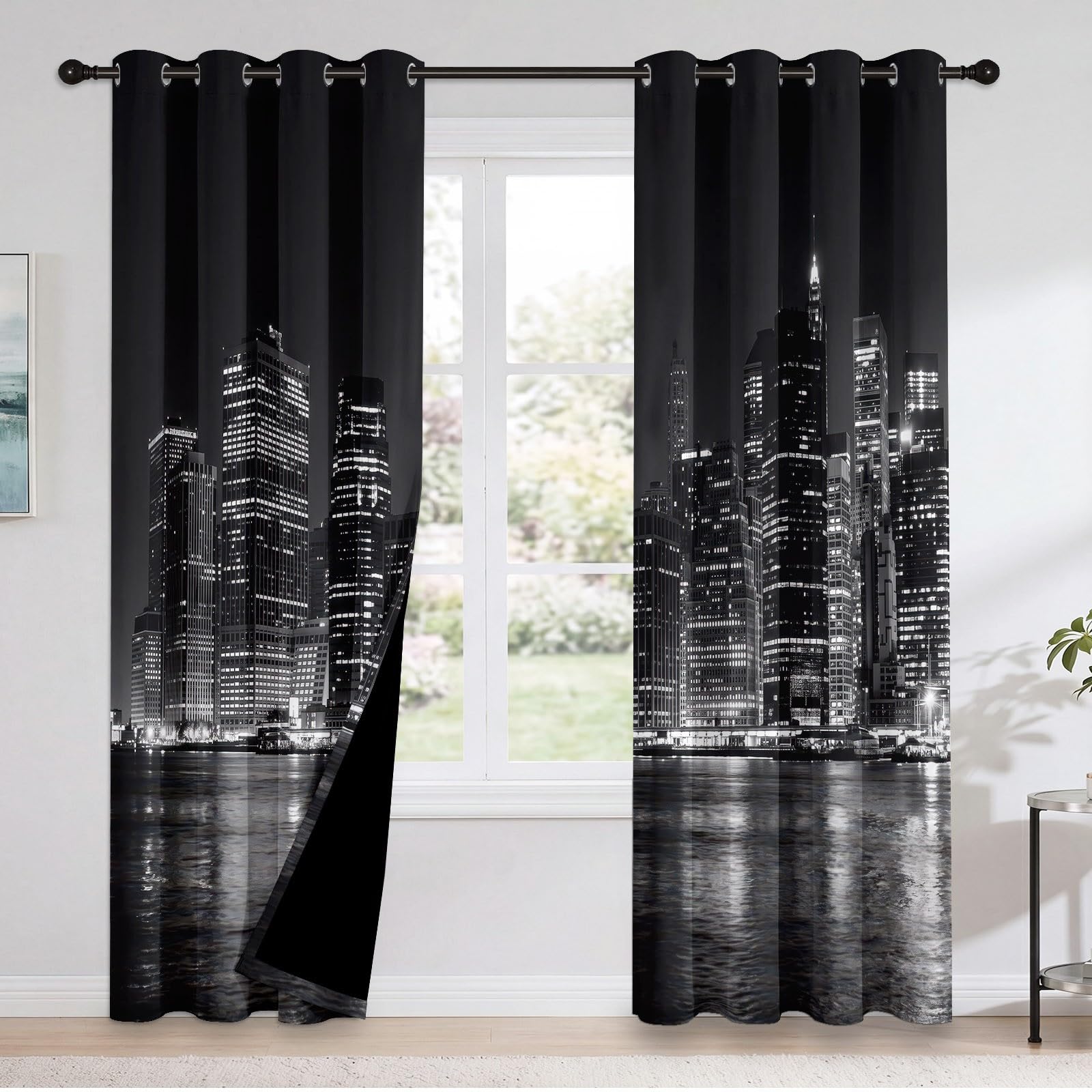Generisch Modern Urban Verdunkelungsvorhänge, H200 x B70 cm Manhattan-Skyline Wolkenkratzer Fluss Vorhänge mit Ösen 2er Set für Schlafzimmer, Schwarz Raumverdunkelung Fenstervorhänge für Wohnzimmer