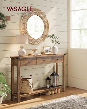 VASAGLE LIRY Collection - Console Sofa Table, Narrow Entryway Table with 3 Drawers, Open Storage Shelf, Metal Corners, for Living Room, Farmhouse Style, Honey Brown ULNT142KB02S