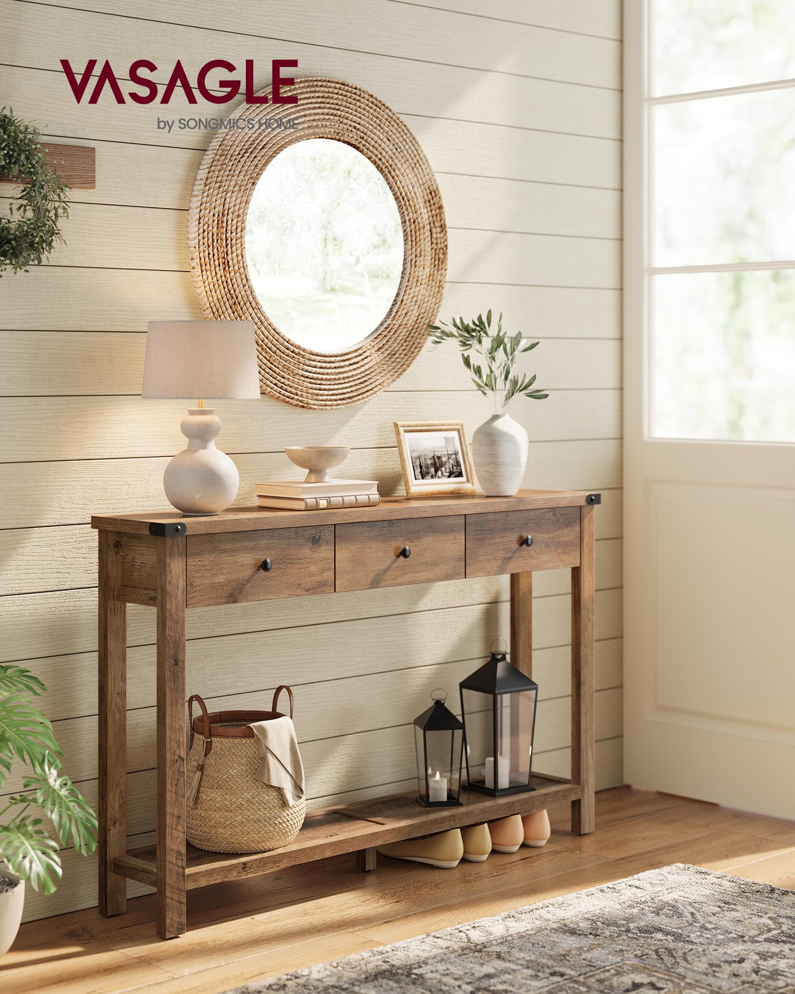 VASAGLE LIRY Collection - Table Console, Table d'Entrée avec 3 Tiroirs et Étagère de Rangement, pour Entrée, Salon, Style Campagnard, Marron Miel LNT142KB01