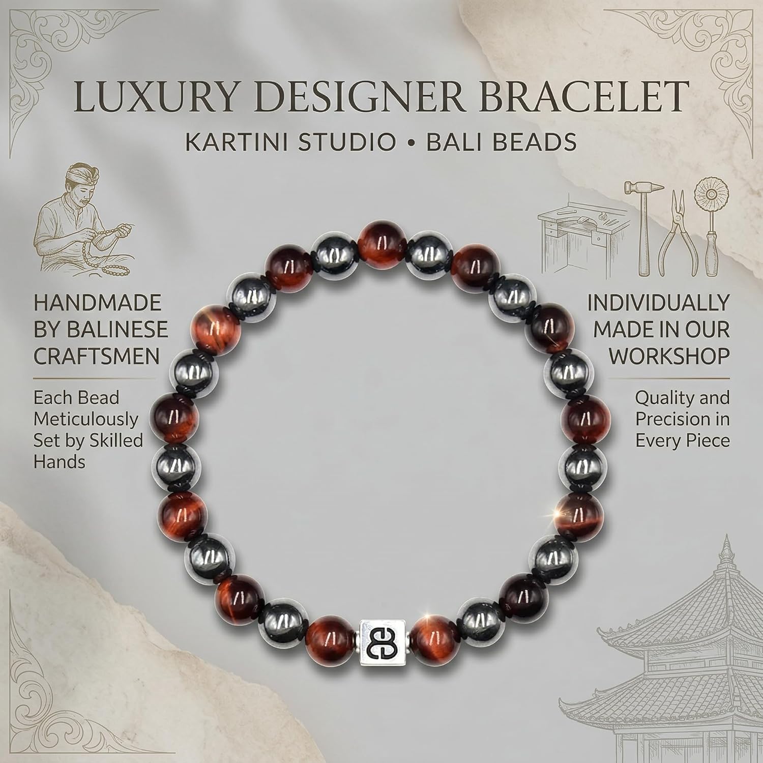 Kartini Studio Red Tiger's Eye and Hematite Bracelet, Men's Bracelet, Quality Bead Jewelry for Man
