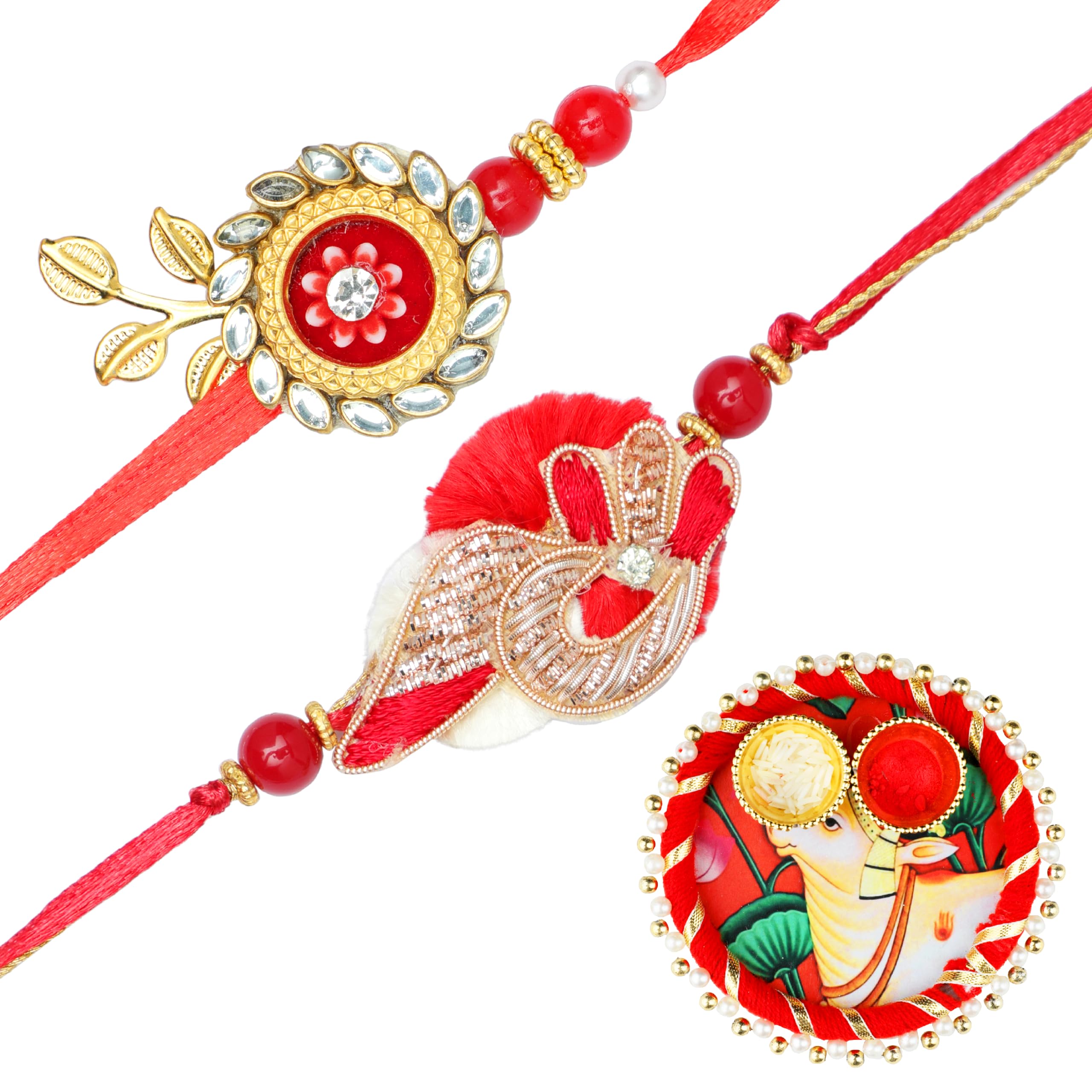 Aditri CreationDecorative Designer Roli Chawal/Rice Holder, Kumkum Haldi Holder Rakhi Pooja Thali Indian Festival Pujan Mandir Tika Roli Plate Housewarming Gifts Items Pack (Size:-4") (Red)