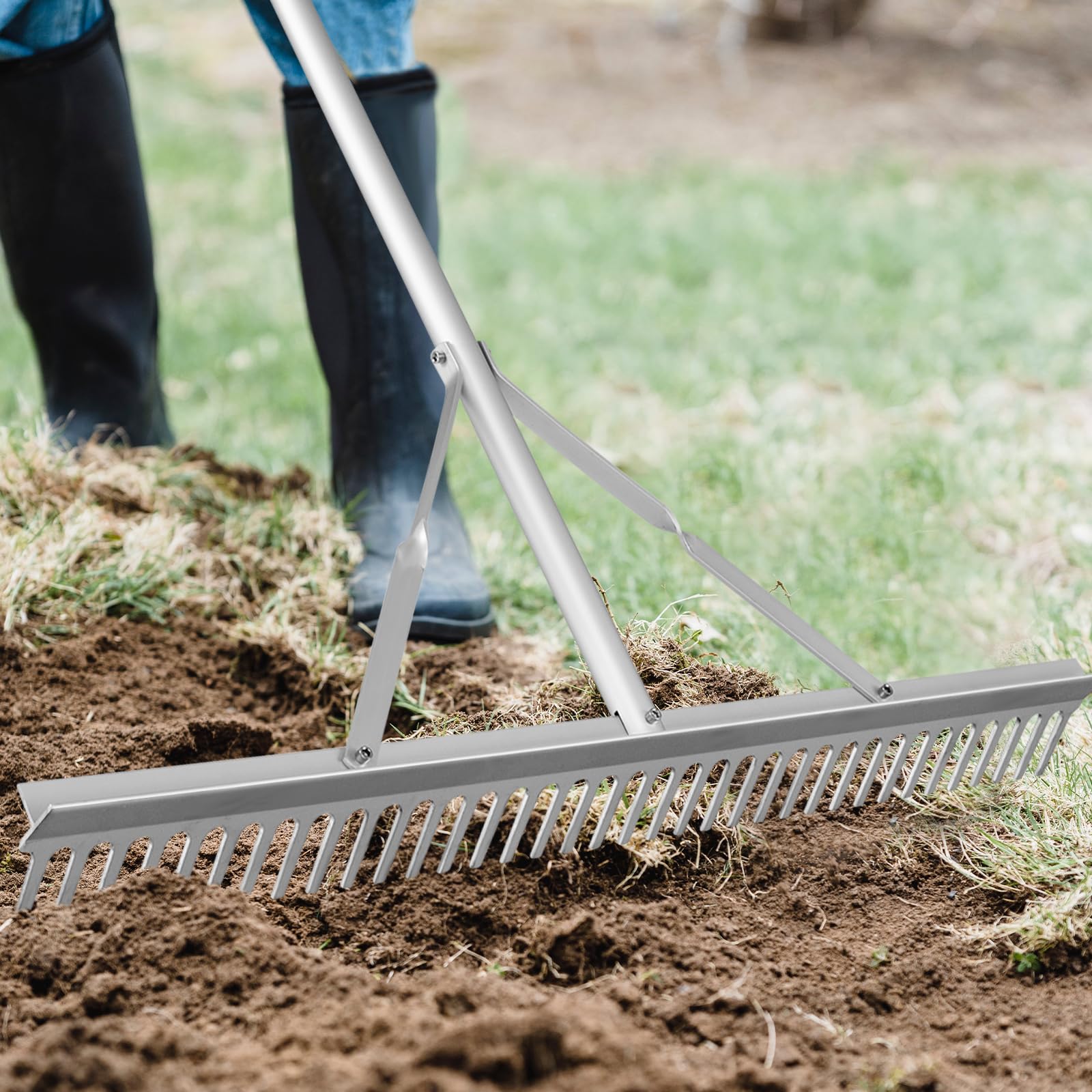 SOARS Rechen Aluminium, Gartenrechen mit 36 Zinken, 91 cm Breite & 174 cm Stiel, Gartenharke Laubrechen Rasenrechen Gartenwerkzeug für Rasenpflege, Landschaftspflege