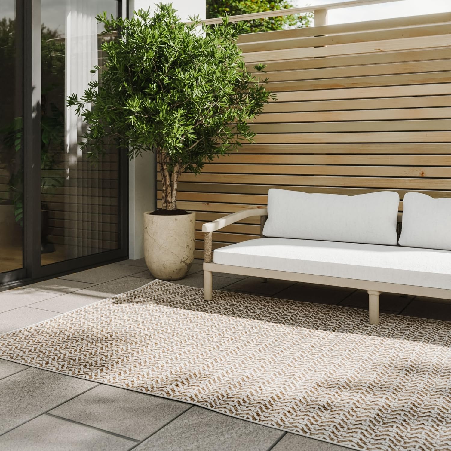 benuta Basic Alfombra Exterior Interior Kaleo - Beige 200x300 cm - Diseño Geométrico - Resistente al Clima & UV - Balcón, Terraza, Jardín, Cocina, Dormitorio, Salon & Sala de Estar - Fácil de Limpiar