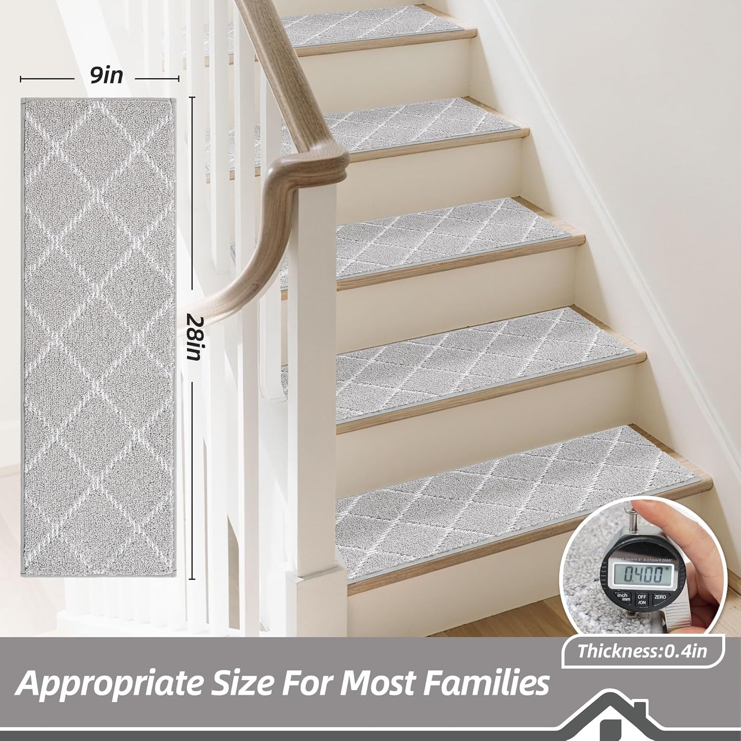 BEQHAUSE Stair Treads 15 Pack Self-Adhesive Stair Mats 28inX9in Stair Treads for Wooden Steps Non-Slip Stair Grips Polyester Soft Edging Stair Rugs Grey Stair Runner