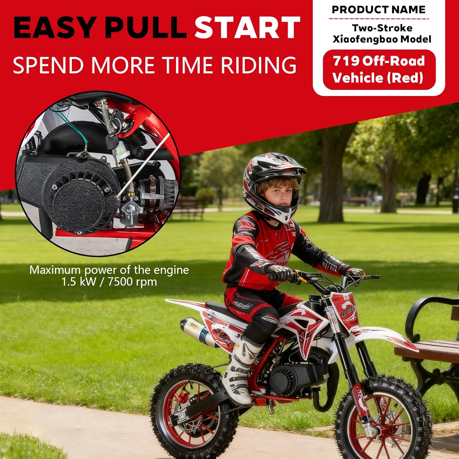 49CC Kids Dirt Bike, 2-Stroke Gas Powered Mini Motorcycle with Off-Road Tires, Dual Disc Brakes, Front/Rear Suspension, Pull Start, Soft Seat Cushion, for Ages 5-10 (Red)