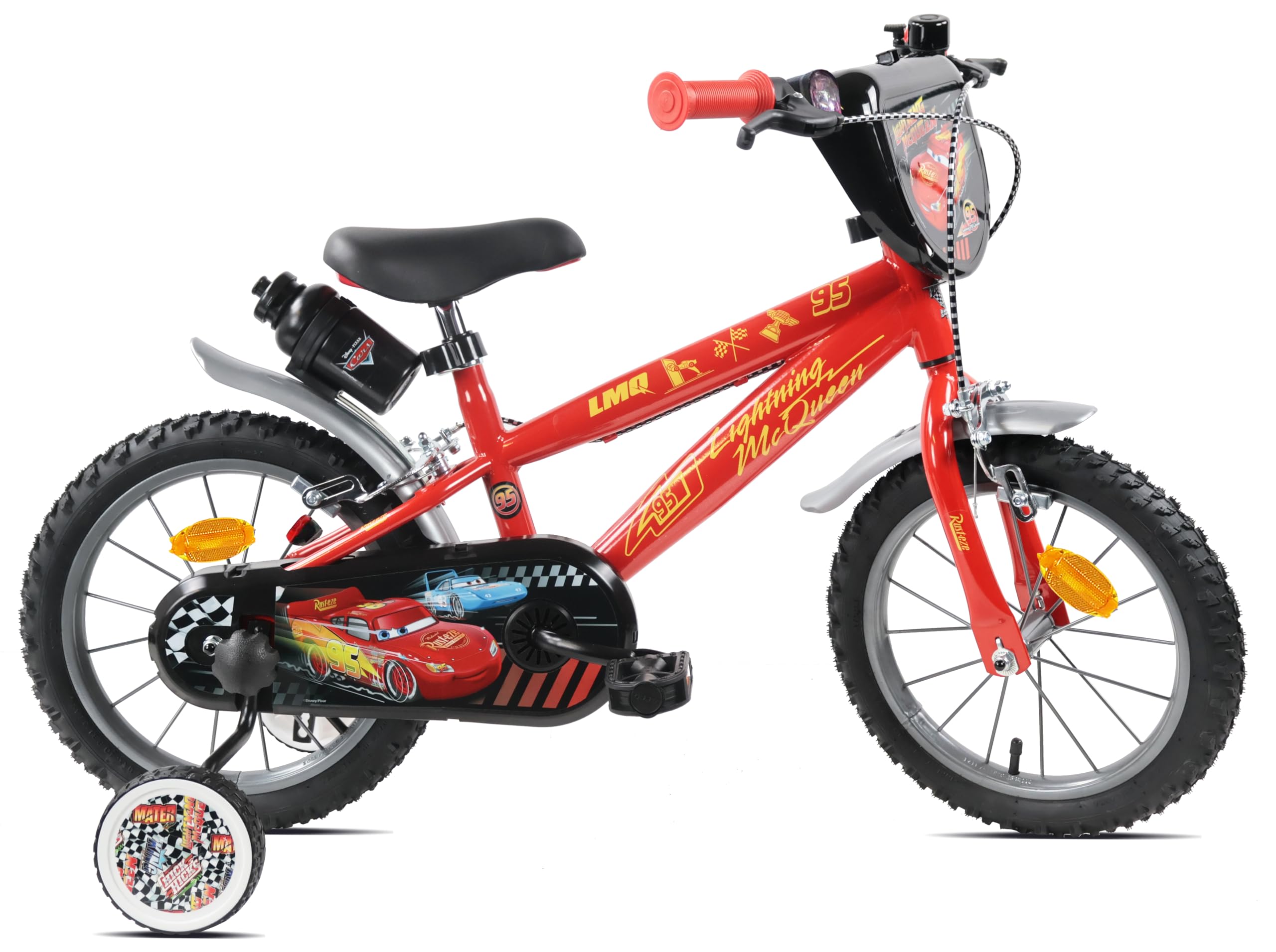 Disney Vélo 14'' garçon Cars de équipé de 2 Freins, Plaque Avant décorative, bidon arrière et stabilisateurs.