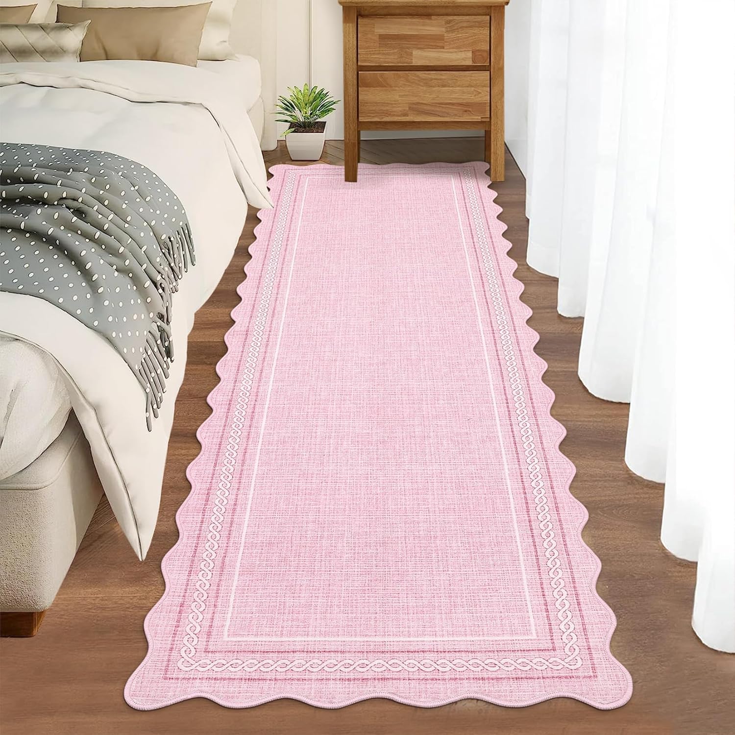 Garvee Scalloped Washable Runner 2x6 Runner Rug Kitchen Rugs Non Slip Washable Modern Entryway Rug Soft Low Pile Boho Bathroom Rugs Stain Resistant Carpet for Laundry Bedroom 2'x6' Pink