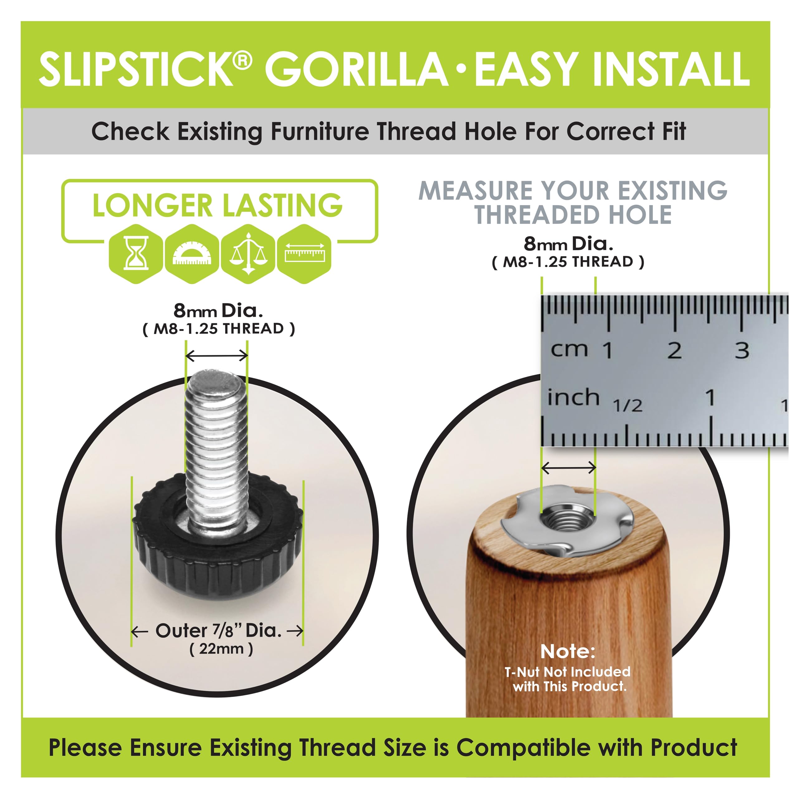 Slipstick Gorilla Weatherproof Screw-in Leg Glides (8 Pack) for Chairs Tables, and Outdoor Furniture Feet - Image 3