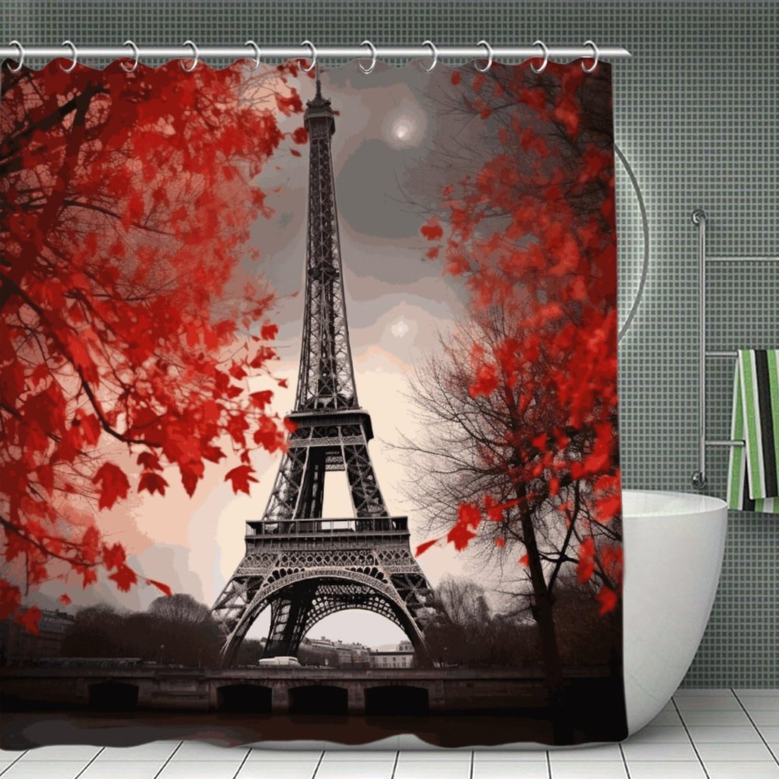 FekiLoot Eiffel Tower Autumn Leaves Shower Curtain Thick Weighted Shower Curtain Classic Unique Bath Curtains Heavy Duty Long Showers Curtains for Bathroom Bath Tubs Machine Wash 70.8"x70.8"