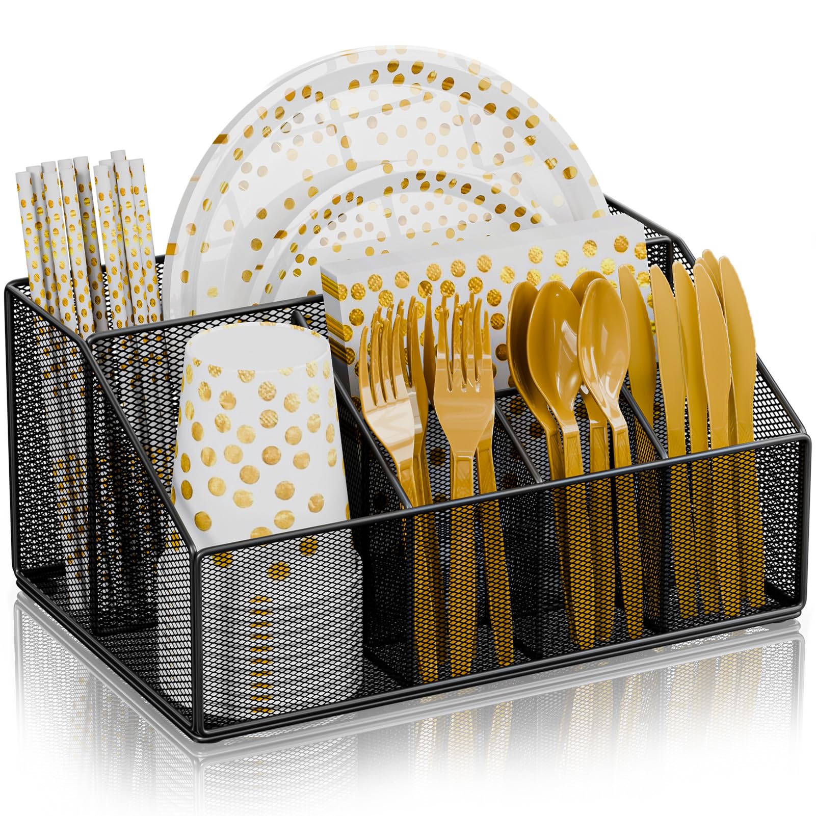 Hordely Metal Paper Plate Holders Dispenser, Disposable Paper Plate Utensils Holder for Party, Napkin Cups-Silverware Cutlery Holder Caddy for Kitchen Counter, Black