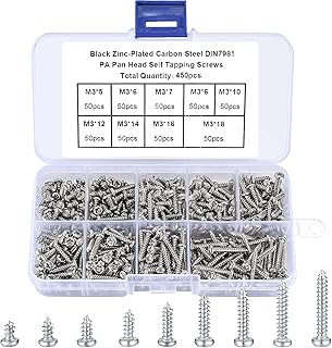 450 Pcs M3 Self Tapping Screw Assortment Kit, Silver Round Head Countersunk Screws, Drywall Screws Kits, Flat Head Cross Self Drilling Screws for Plastic Wood Soft Metal - 9 Sizes