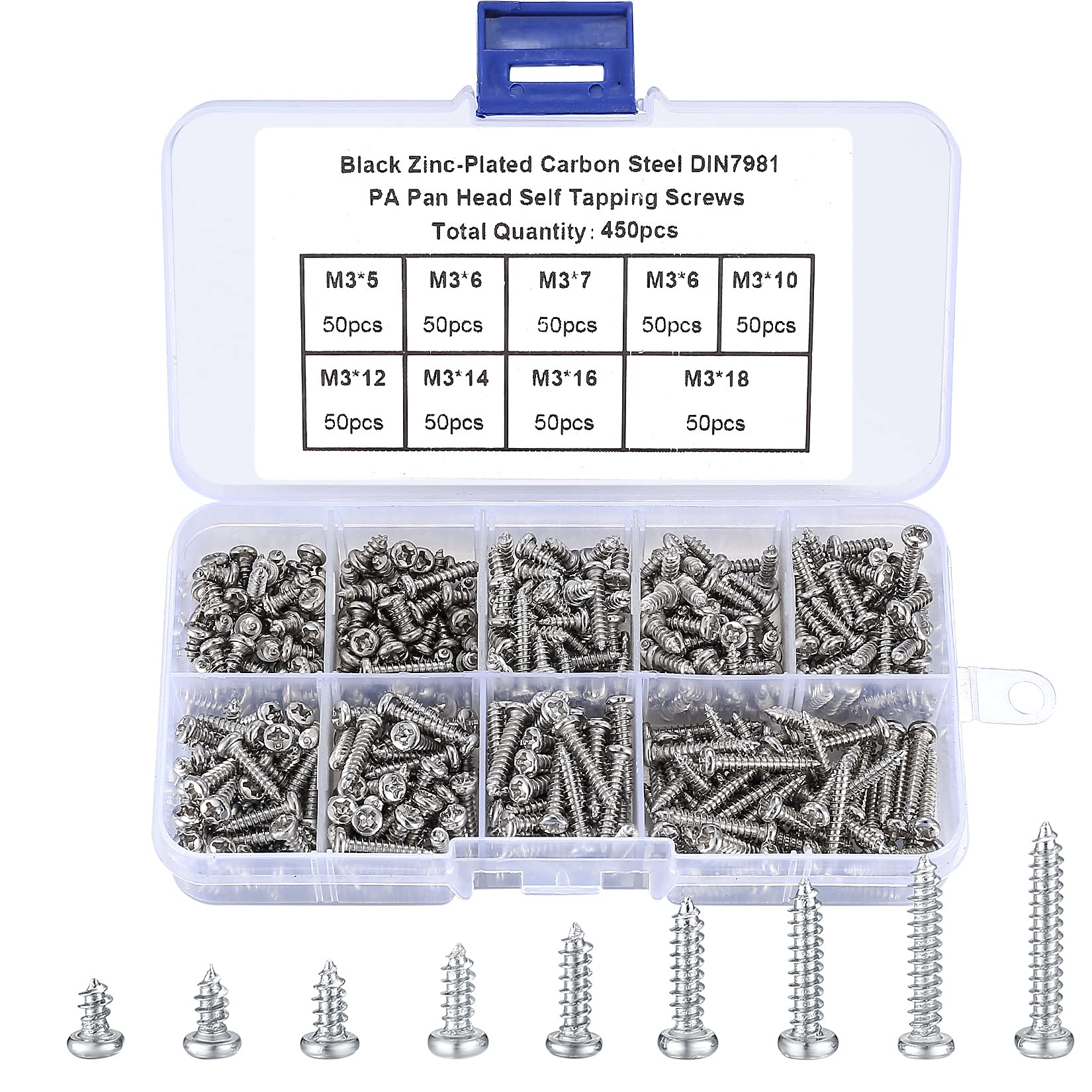 450 Pcs M3 Self Tapping Screw Assortment Kit, Silver Round Head Countersunk Screws, Drywall Screws Kits, Flat Head Cross Self Drilling Screws for Plastic Wood Soft Metal - 9 Sizes