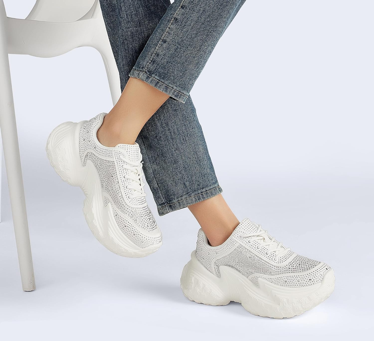 LUCKY STEP Women's Chunky Sneakers Platform Fashion Rhinestone Sparkly Dad Walking Shoes Butterfly Lace Wedge Casual Shiny Thick Sole Footwear - Image 8