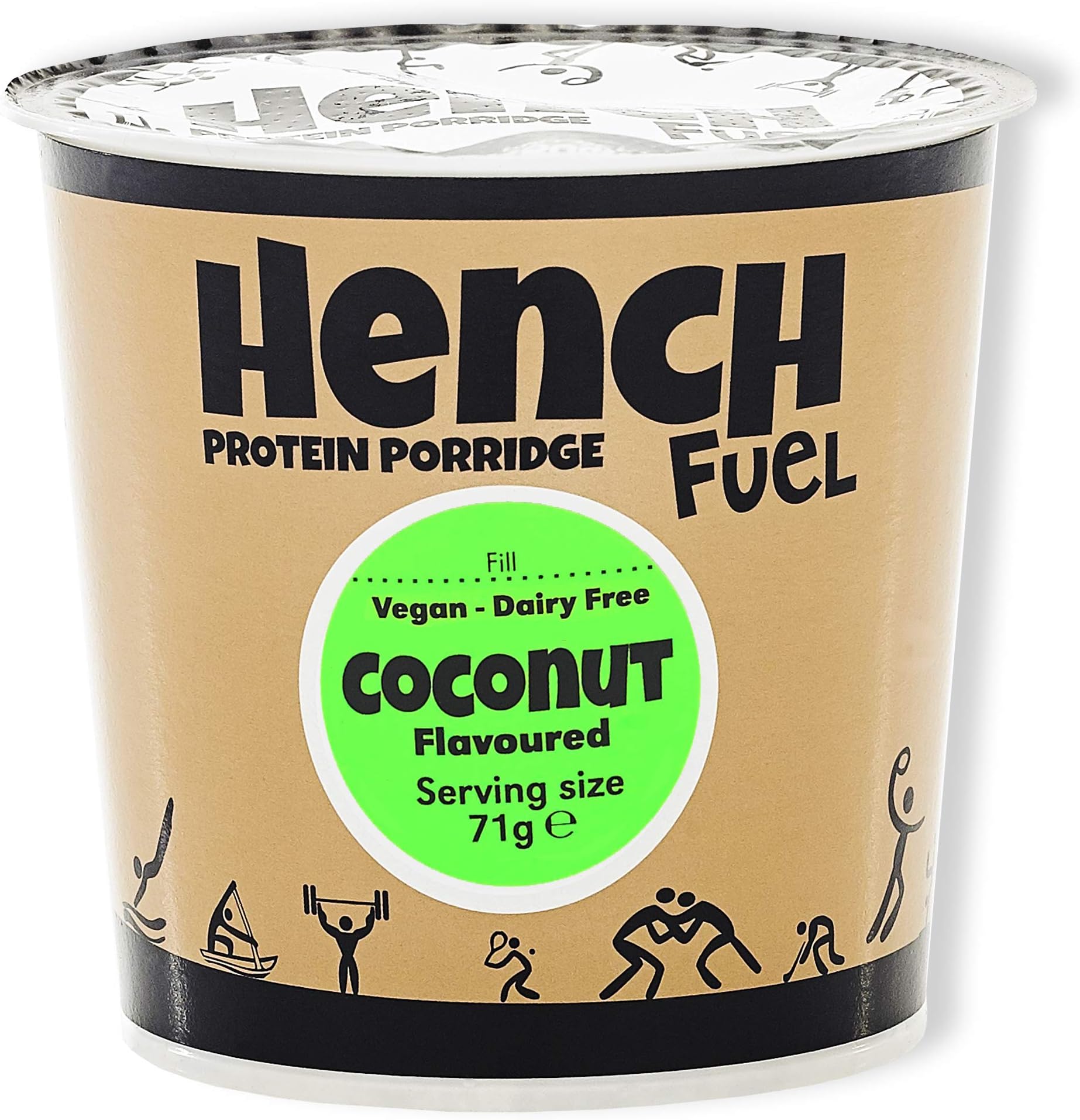Hench Fuel High Protein Porridge, Instant Oats, 20g of Protein Per Pot, No Added Sugar, Natural Ingredients, Simply Add Boiling Water & You're Ready to Go, Pack of 8 (Vegan - Coconut)
