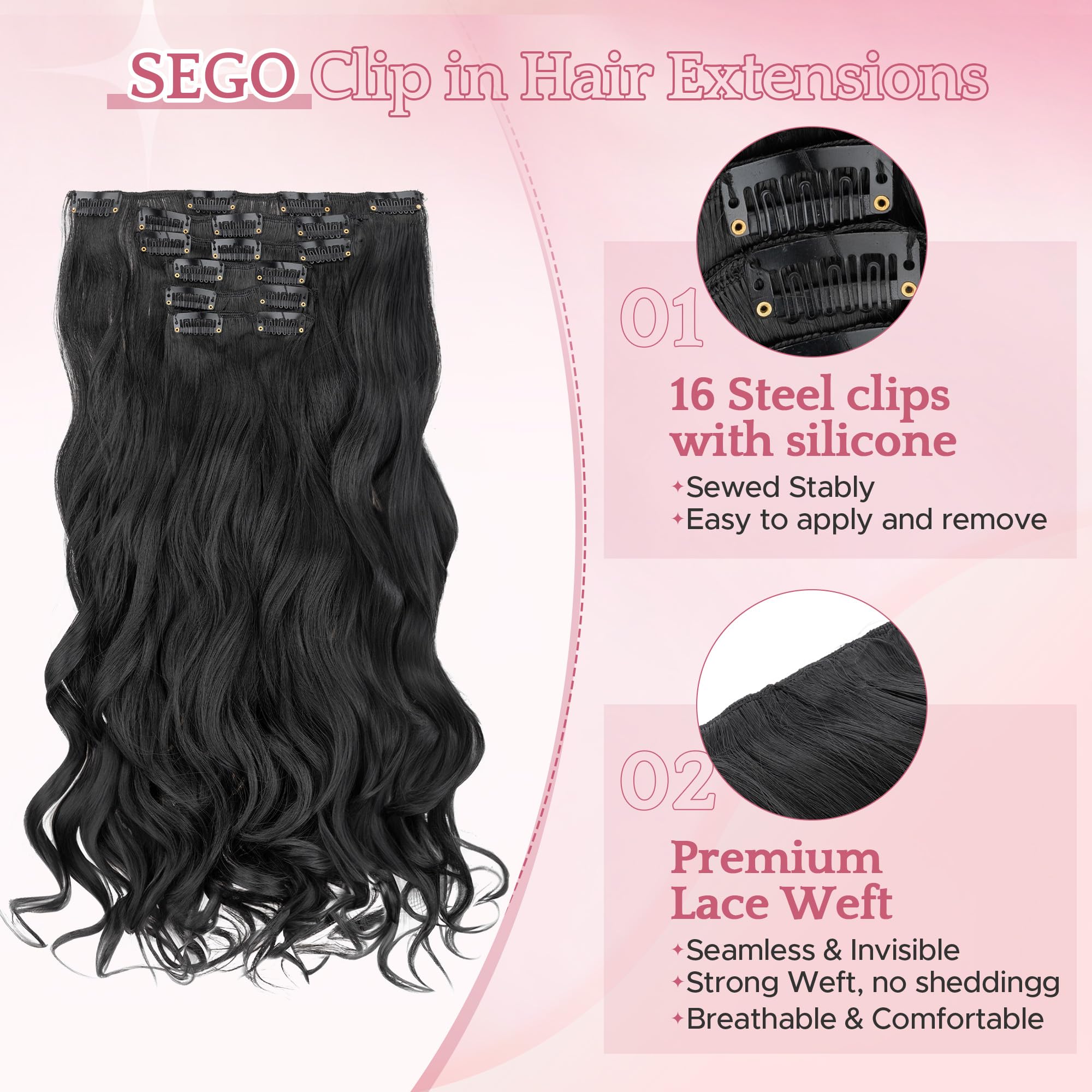 SEGO Clip In Hair Extensions 22 Inch 6PCS Thick Clip In Hair Hairpieces 150g Long Wavy Hair Extension Synthetic Full Head for Women Dark Black - Image 2
